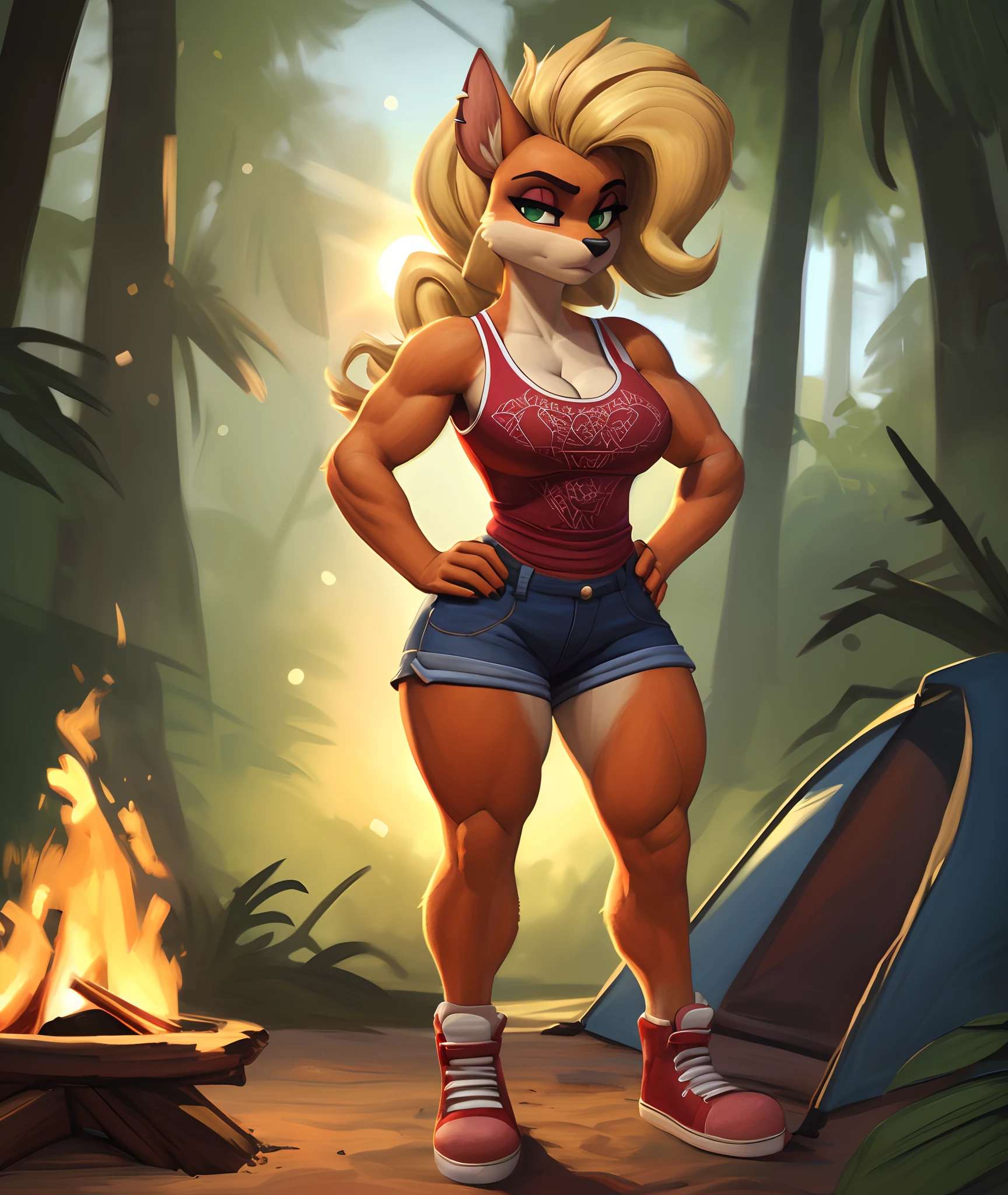 anthro bandicoot girl redhead beautiful green eyes, sexy , camoflage T-shirt, shorts, black shocks, shoes