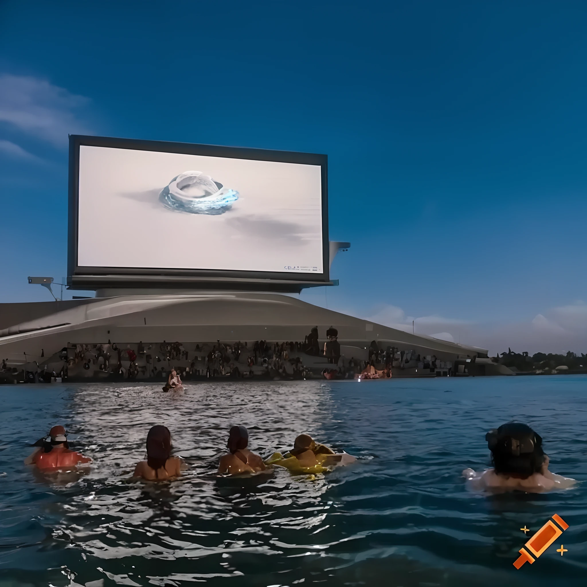 People swimming in the water in front of a big screen, giant video screens, telas gigantes, Enorme visor na frente, telas de led gigantes, alguns outdoors flutuantes, Cinema C 9. 0, dirigir no cinema, captura de tela do filme, large screen, clip stadio, cinema, filme, foto da tela do cinema, formato de tela larga, telas grandes, Filmes