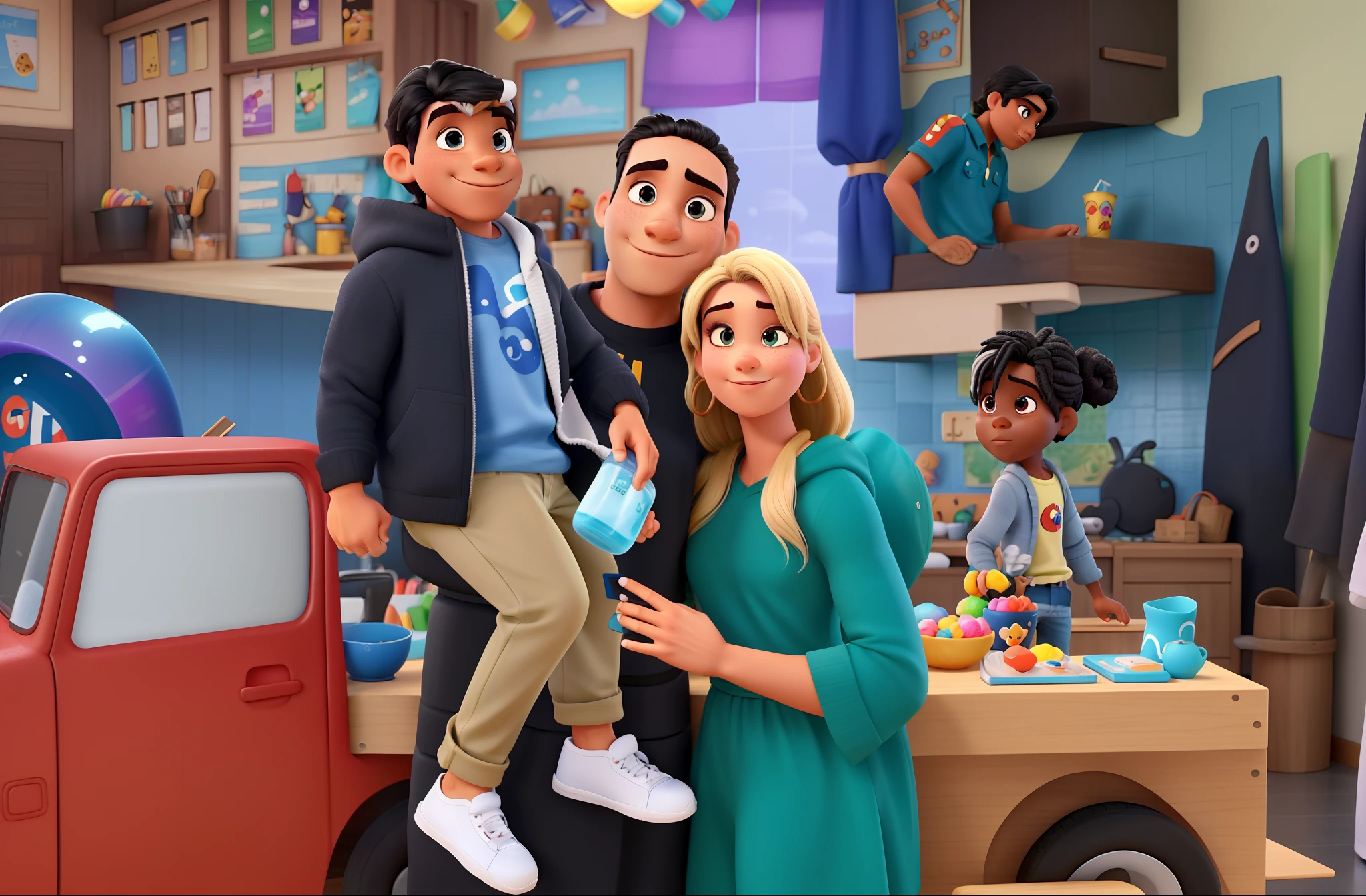 um garoto, um homem negro de cabelo raspado e uma mulher de cabelos loiros e olhos azuis no estilo Disney Pixar