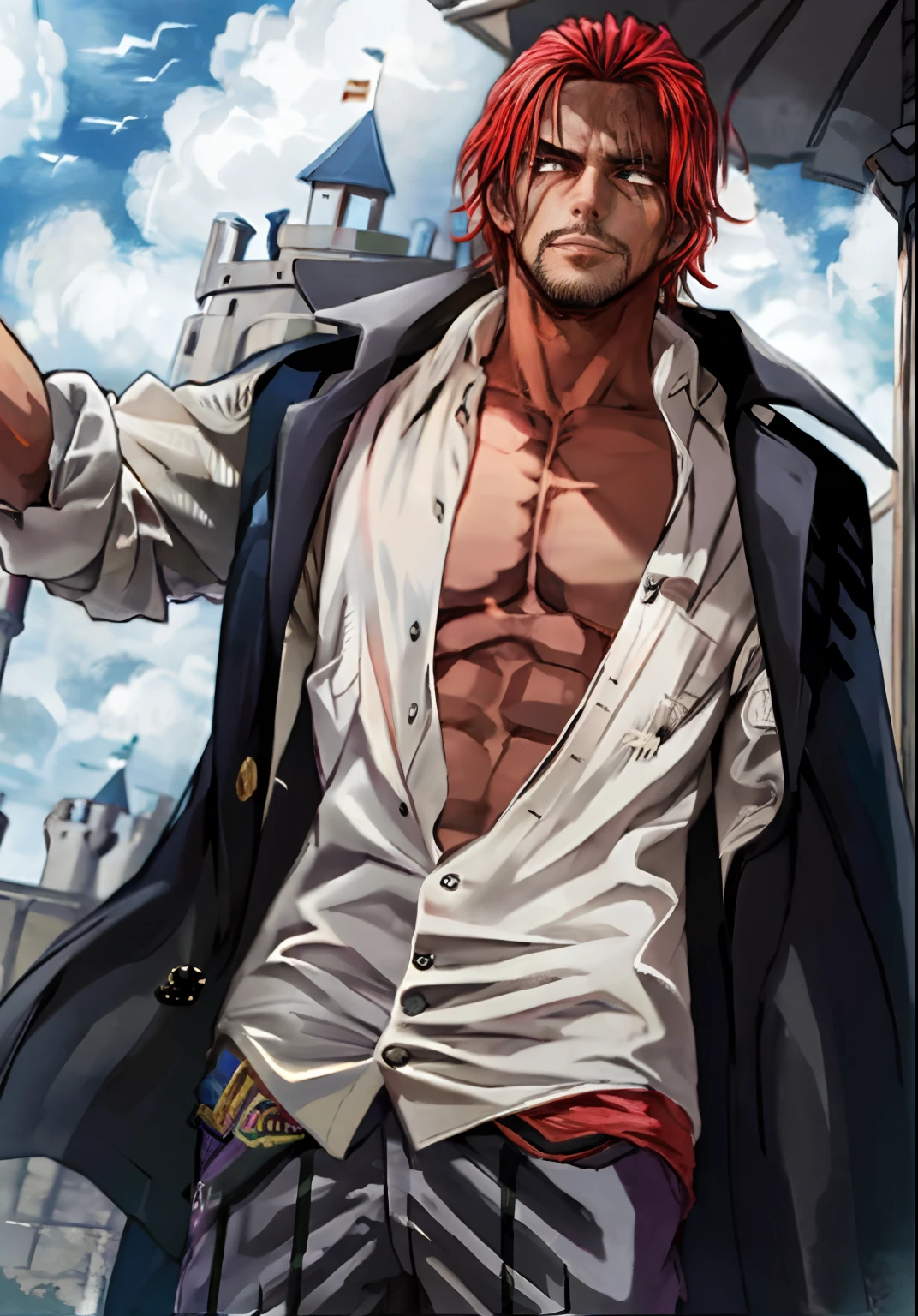 (masterpiece, best quality), intricately details, 1 man, Shanks, red hair, (One-armed), Dynamic poses and shots, scars in the face, short detailed hair, black shirt, malefocus, Open your clothes, collared shirt, trouser, cloaks, Manteau, open shirts, Facial hair, a scar, chest muscle, Partial unbuckling, medium breasts, coat on shoulders, ((Stone castle)), stormy sky,