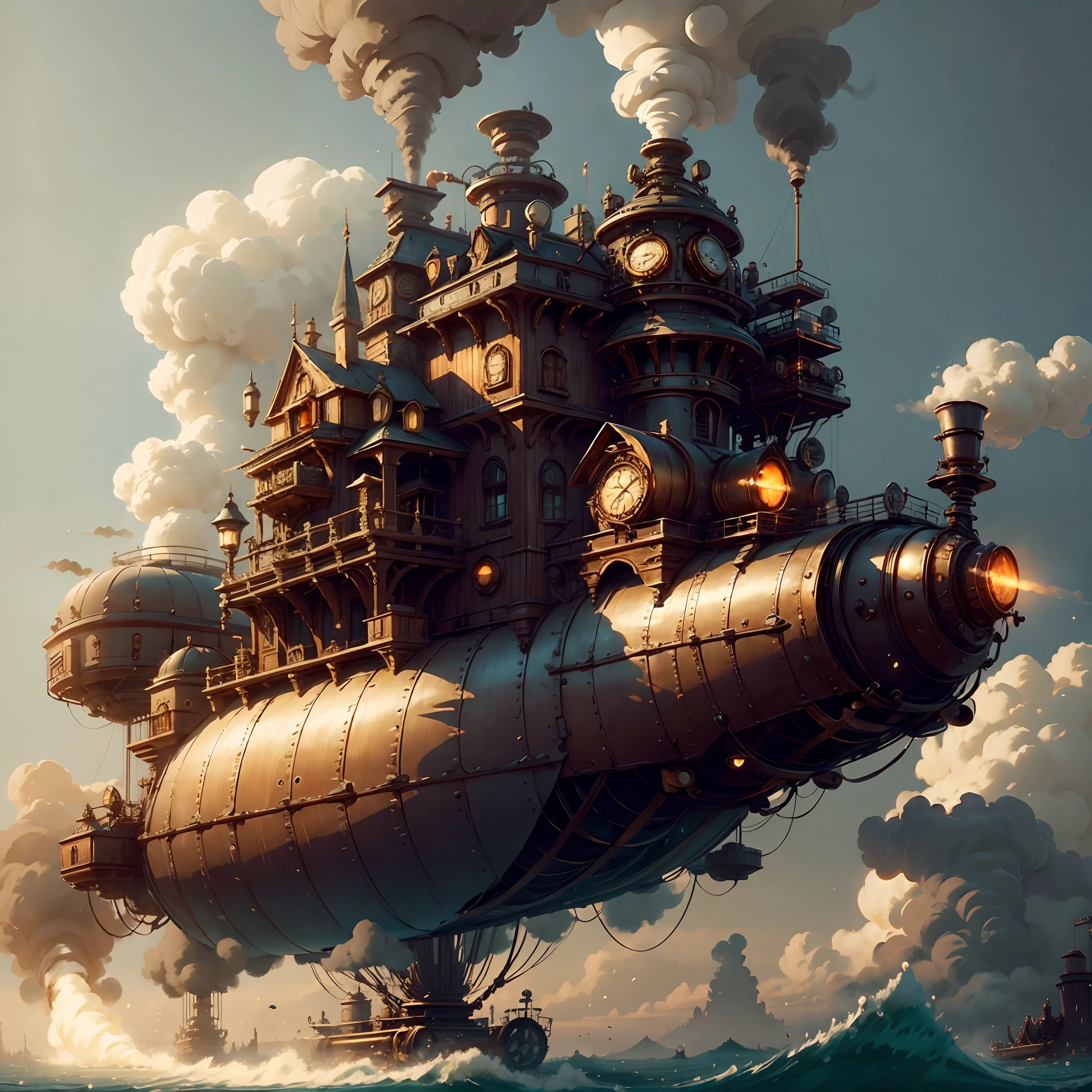A steampunk-inspired floating island powered by steam engines. --auto