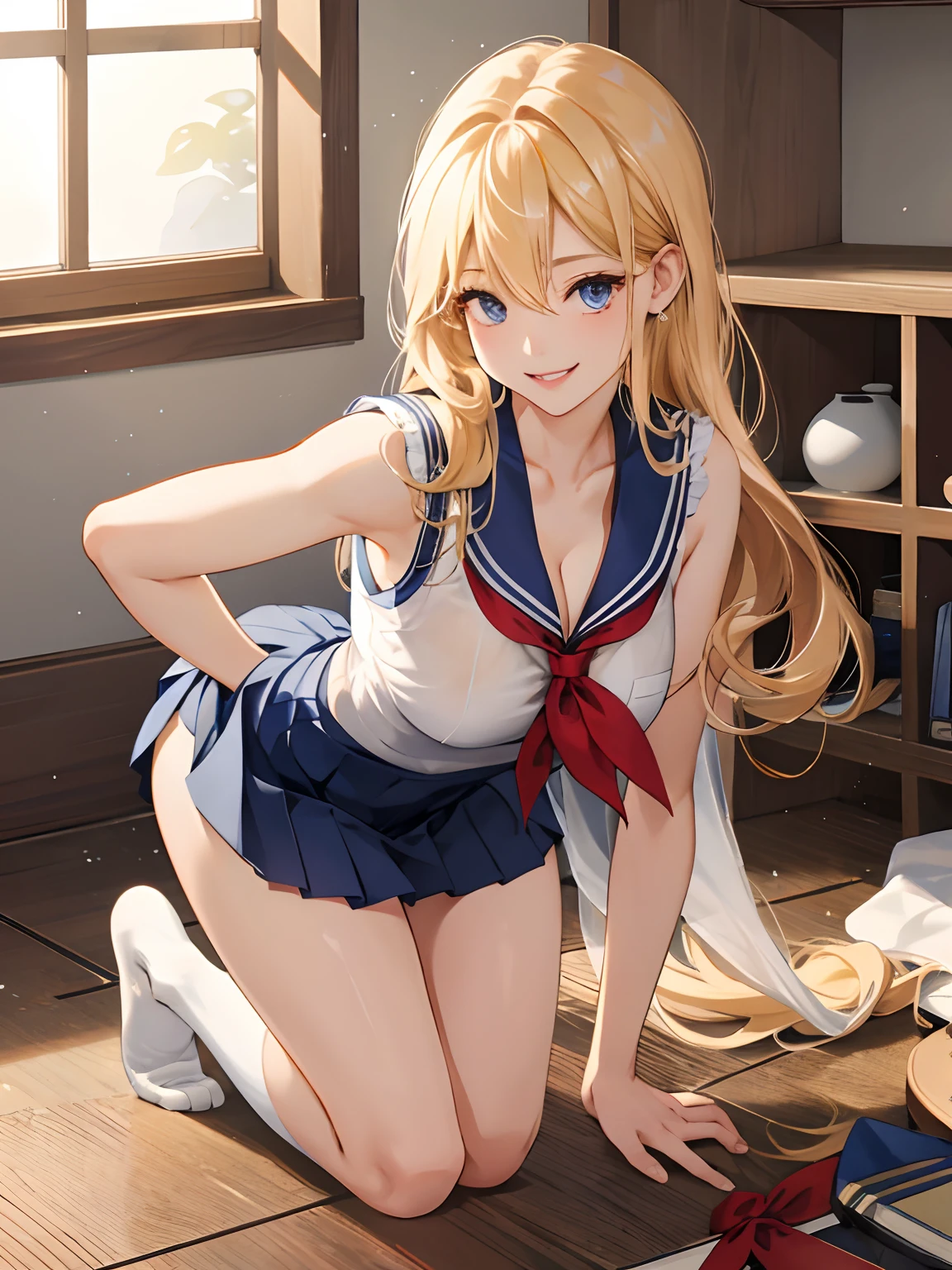 top-quality、Realistic、High Girl、bule、large full breasts、a sailor suit、Tight-fitting uniforms、Sheer clothing、skirts that are too short、Not wearing underwear、A smile、big eye、long lashes、Long upper eyelashes、a blond、cute little、Beautie、A sexy、Dark classroom、Crawl under your desk、full body Esbian、submissive look、Submissive smile、Flushed cheeks、Kamimei、Big buttocks、thin-waist、Stick your butt out on all fours、Sleeveless、cleavage of the breast、visible from the side
