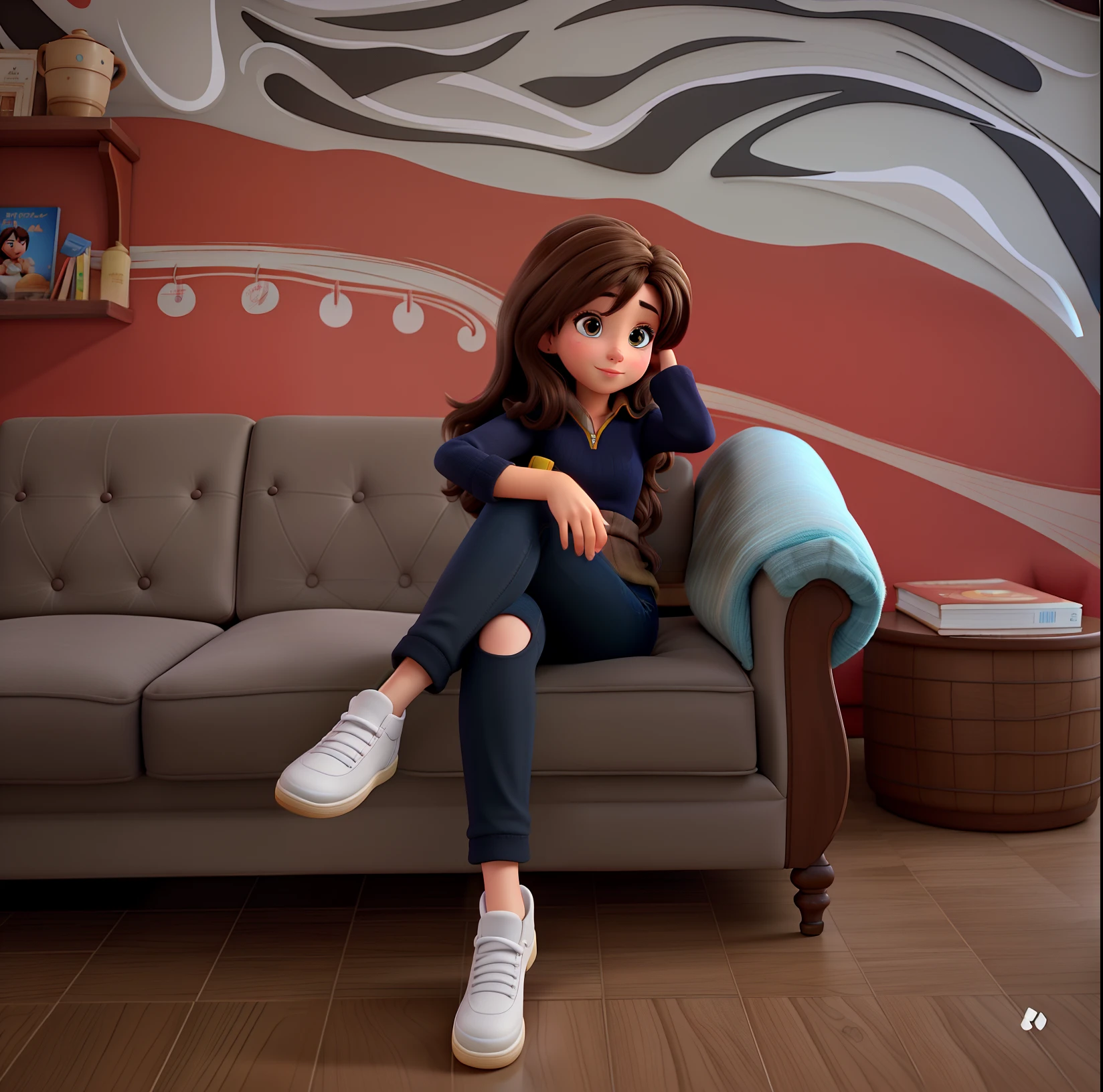 Brunette woman sitting on sofa in Disney Pixar style, alta qualidade, melhor qualidade