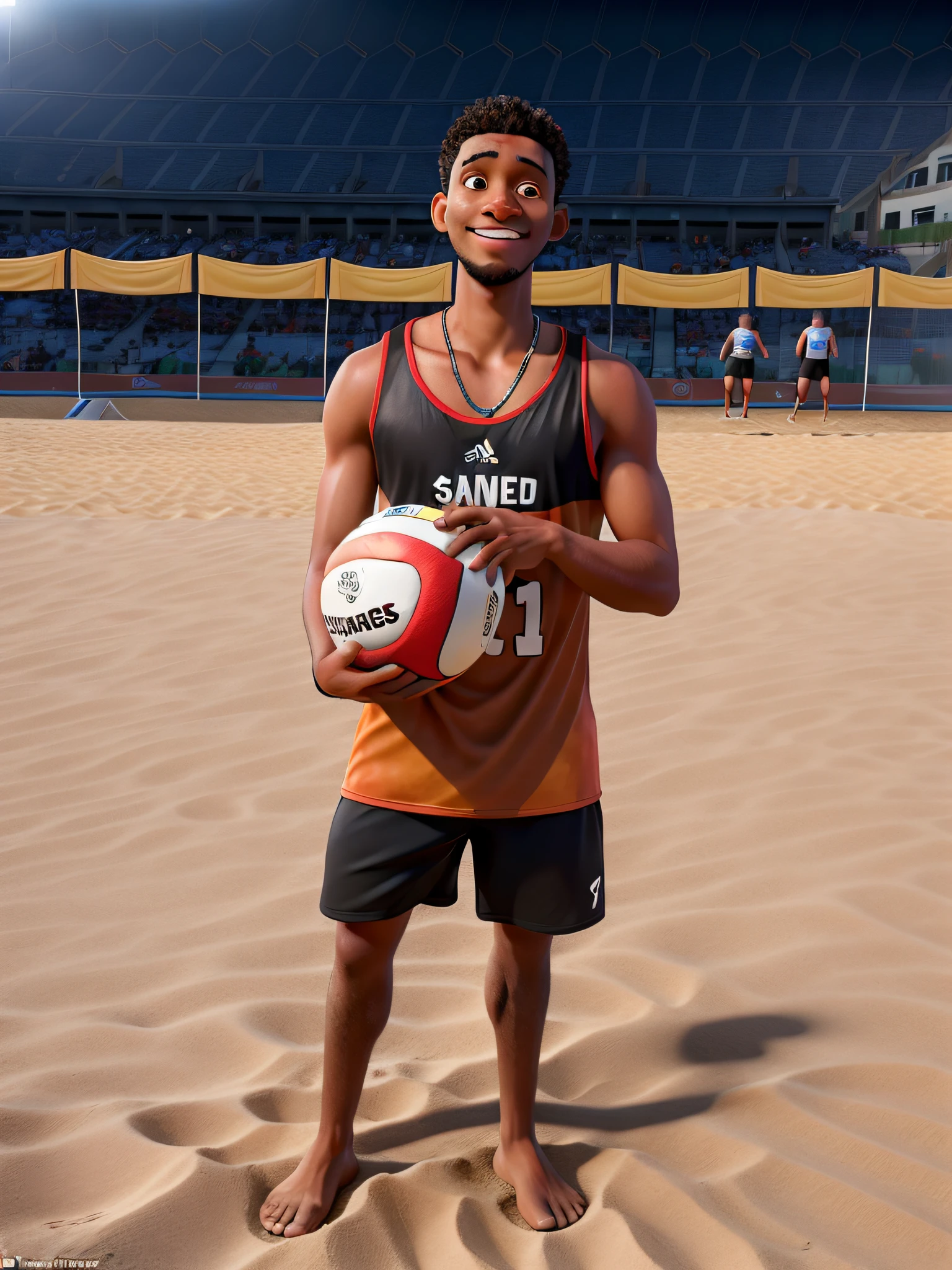 Sand volleyball player poses for a photo after winning the championship, fine strokes, jovem negro, With the trophy in my hands, alta qualidade, melhor qualidade, obra prima,