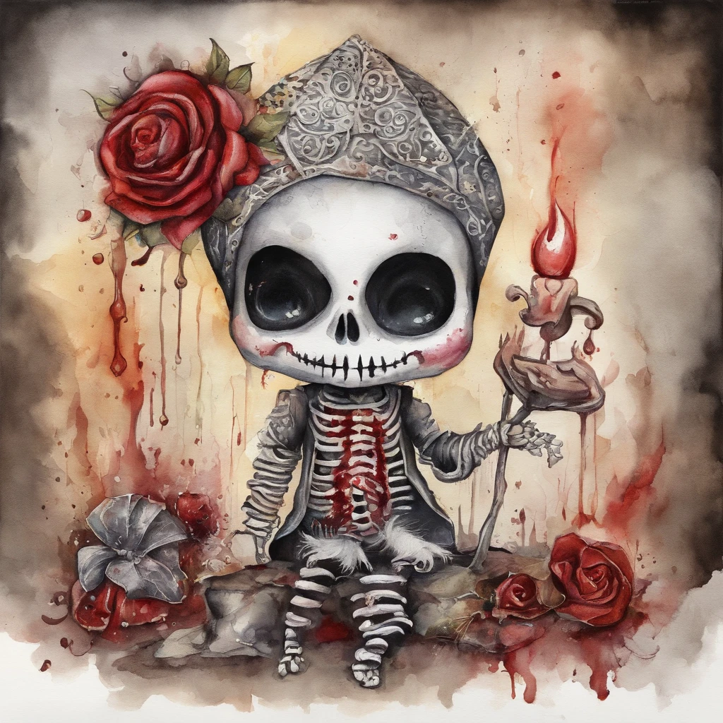 masterpiece Chibi gothic doll Skelleton, Em um inferno Masacre de Sangue, ,Blood Sparks, pycho Sorriso, Detailed and Intrincicate, disco Rigido, Bioluminicense