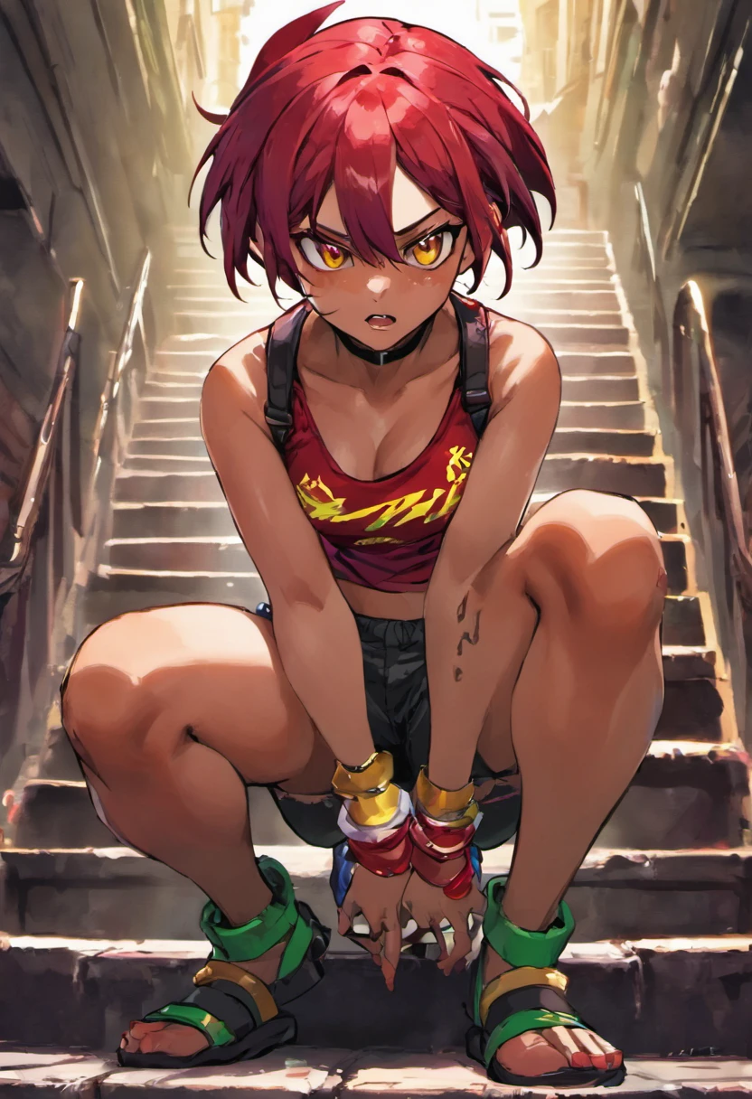 boa qualidade, personagem adolescente, cor de pele vermelha, horn on head , perna musculosa, Sitting on the stairs short hair tied back, olhos verdes, Bermudas, cor de cabelo roxo,