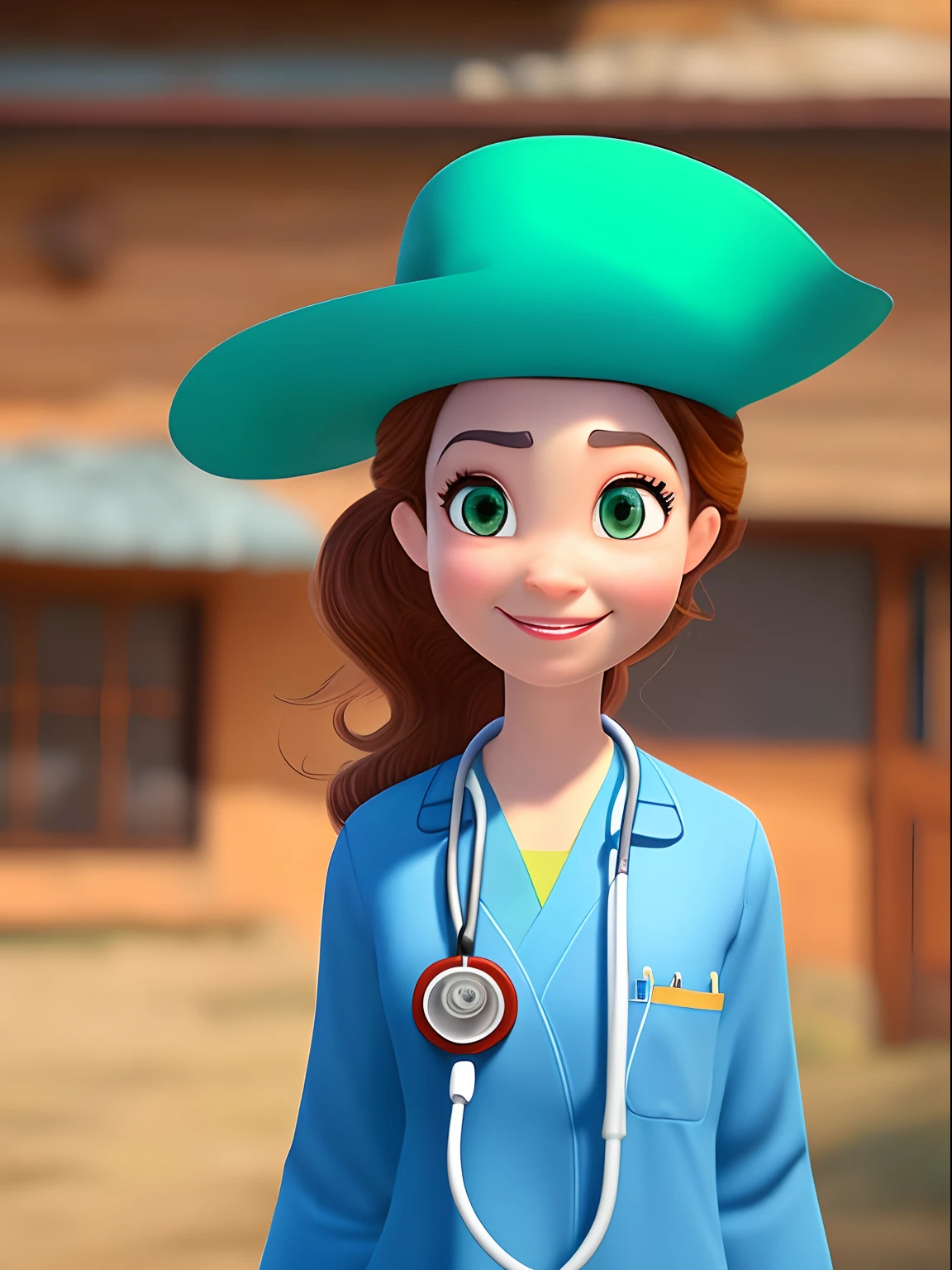 Uma mulher, Veterinarian, 30 anos, muito linda, cabelos longos castanhos, olhos verdes, sensual, Wearing Blue Surgical Pajamas, a stethoscope hanging around your neck, ao lado de cavalos, na fazenda, vacas e galinhas no fundo, detalhado, 8k UHS, estilo moderno da Disney Pixar.