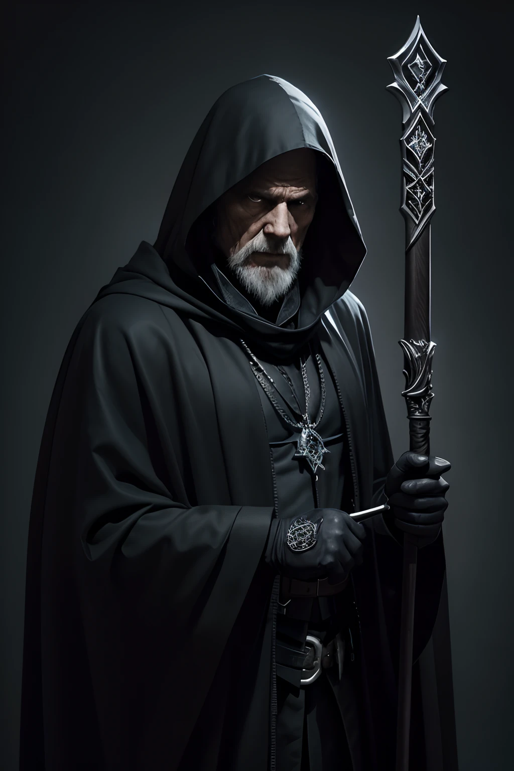 Sombre, graveleux, Mix of bold dark lines and loose lines, Old man, black sorcerer mage, with a scepter in his left hand, seen from the front, hood over his head, dark look, black gloves, gothic look, RPG style, animated, corps entier, Runes, dark themed, Composition parfaite nombre d'or, tmasterpiece, Best quality, 4K, mise au point nette, meilleure main, anatomie parfaite, corps en entier, no background.