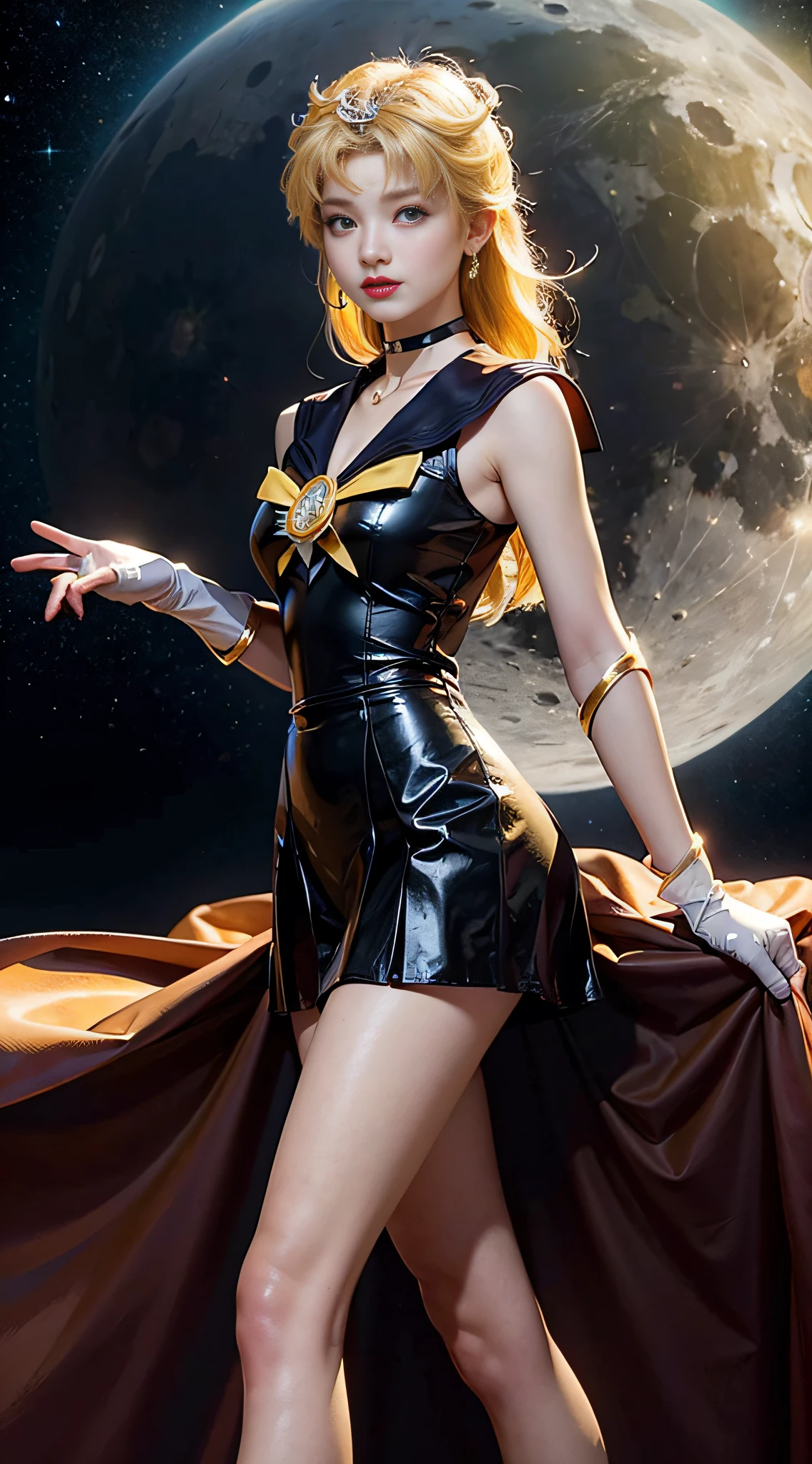 ((​masterpiece:1.4)、(top-quality:1.4)、(reallistic:1.7))、masuter piece:1.4、a beauty girl、(Sailor Moon:1.4)、Tsukino Usagi、Body Fit Sexy Sailor Senshi Uniform、(latex shiny)、(The jacket is a white sleeveless sailor suit)、(Skirt Blue Sexy Ultra Ultra Pleated Mini Skirt)、The collar of the sailor suit is blue with two thin lines.、high leg swimsuit、Red cloth ornament at chest、(Wearing white gloves)、Kawaii Girl、Super beauty、foco nítido、Portrait photos、Upper body photography:1.4、beautiful countenance、beautidful eyes、Narrow waist、beauty legs、(yellow  hair:1.4)、(length hair:1.2)、Beautiful udder、large full breasts:1.2、Sexy ass、Raw photo、red-lips、Red high heels:1.4、a choker:1.4、a necklace:1.4、耳Nipple Ring:1.4、Luxurious Golden Tiara:1.4、1 screen display、a moon、kosmos、spaceships、A space station、City of the Future