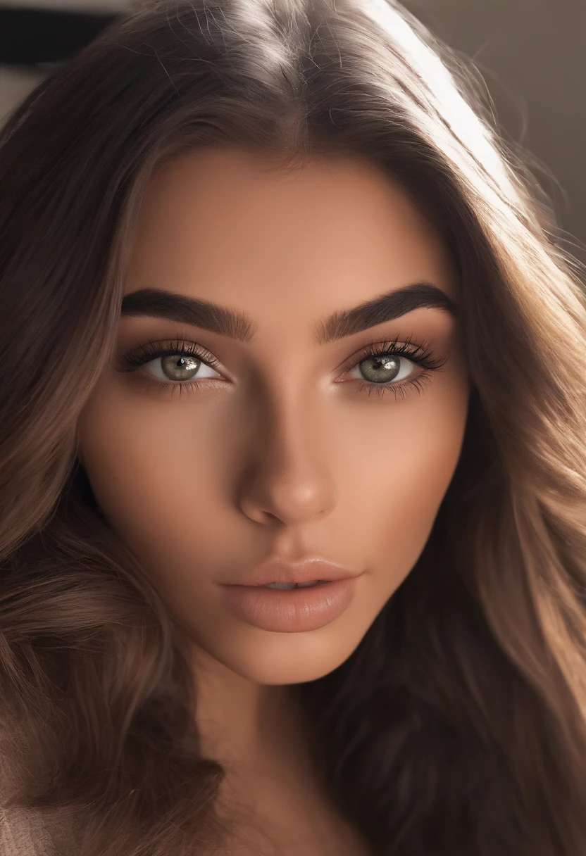 face of madison beer, arafed woman fully , sexy girl with brown eyes, ultra realistic, meticulously detailed, portrait sophie mudd, brown hair and large eyes, selfie of a young woman, dubai eyes, violet myers, without makeup, natural makeup, looking directly at the camera, face with artgram, subtle makeup, stunning full body shot kneeling on bed, in bedroom, medium to large size bust
