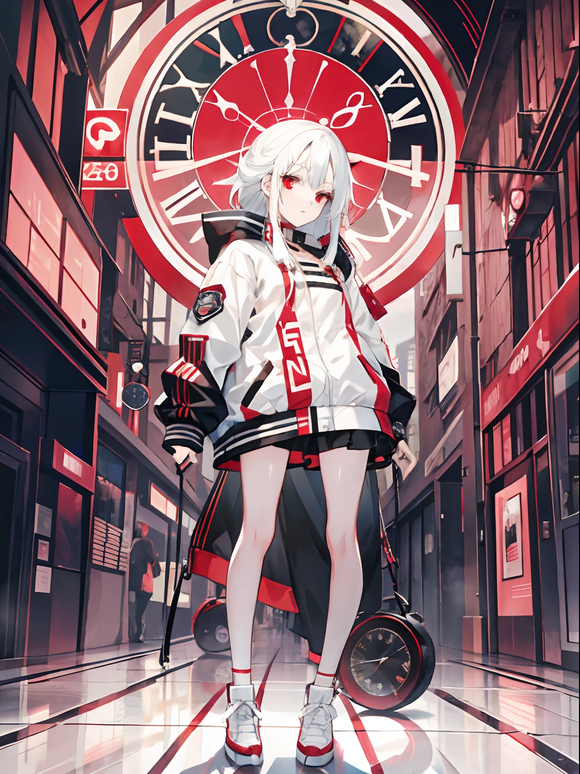 1girl, half red half white hair, straight hair, clock, bomber, full body, numb