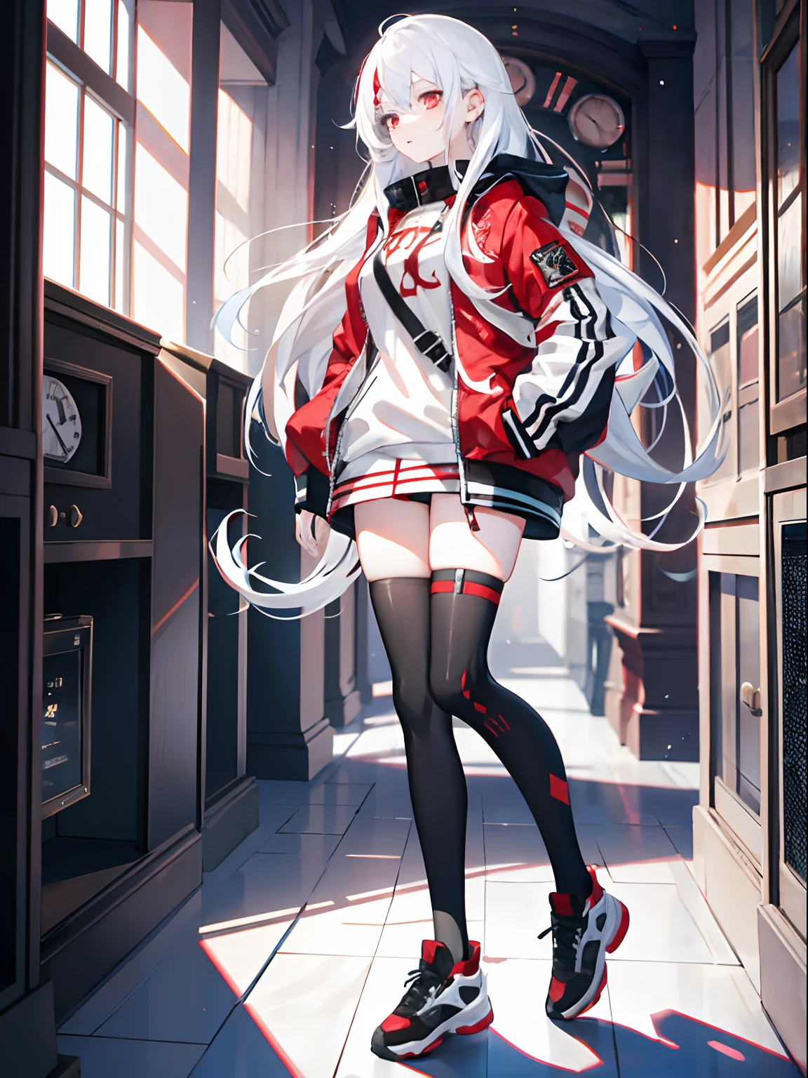 1girl, half red half white hair, straight hair, clock, bomber, full body, numb