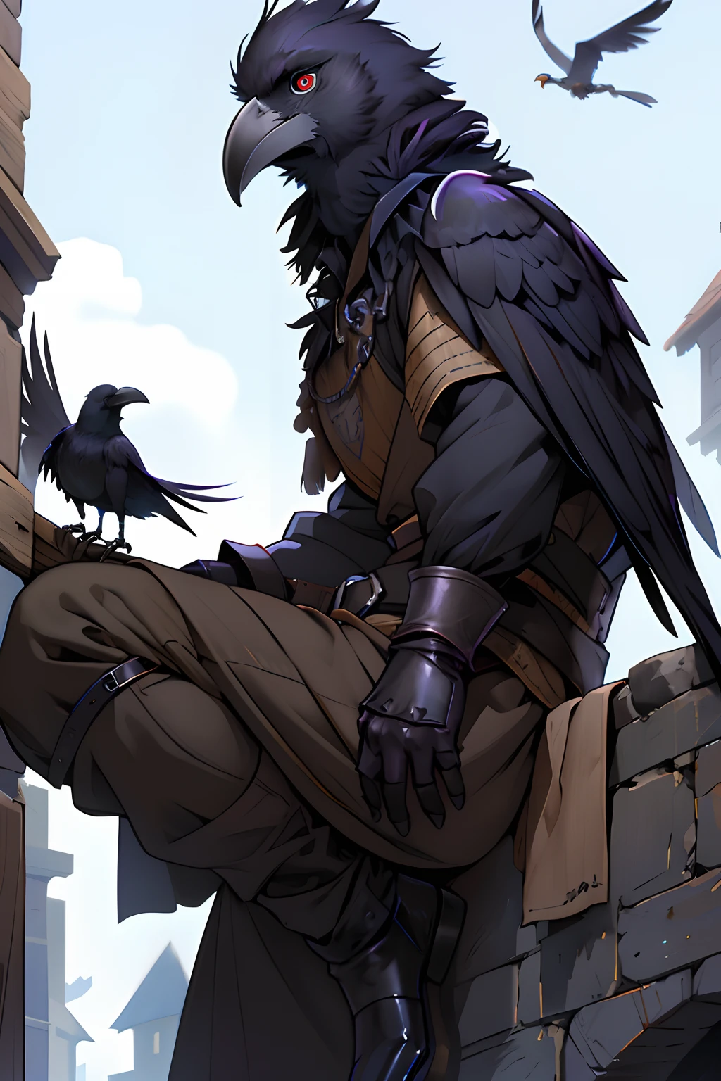 nsfw, femboy, crow, pitch black fur, big fluffy long hair, anthropomorphic crow, girly try body, furry bird legs, eyes covered, (fantasy cloak straw outfit), black short skirt, windy weather, navy cloak, nighttime, night, a broken castle in the background, Solo:1.5, solo focus, full body, sleeping on back, dynamic angle, w3ers,