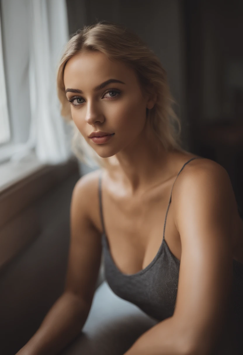 oman with matching tank top and panties, fille sexy aux yeux bleus, Portrait Sophie Mudd, Portrait de Corinna Kopf, cheveux blonds et grands yeux, selfie of a young woman, ohne Maquillage, maquillage naturel, Look directly into the camera, Visage avec Artgram, dezentes Maquillage, Superbe photo du corps entier, dans la chambre, gros seins, Blonde, Latin