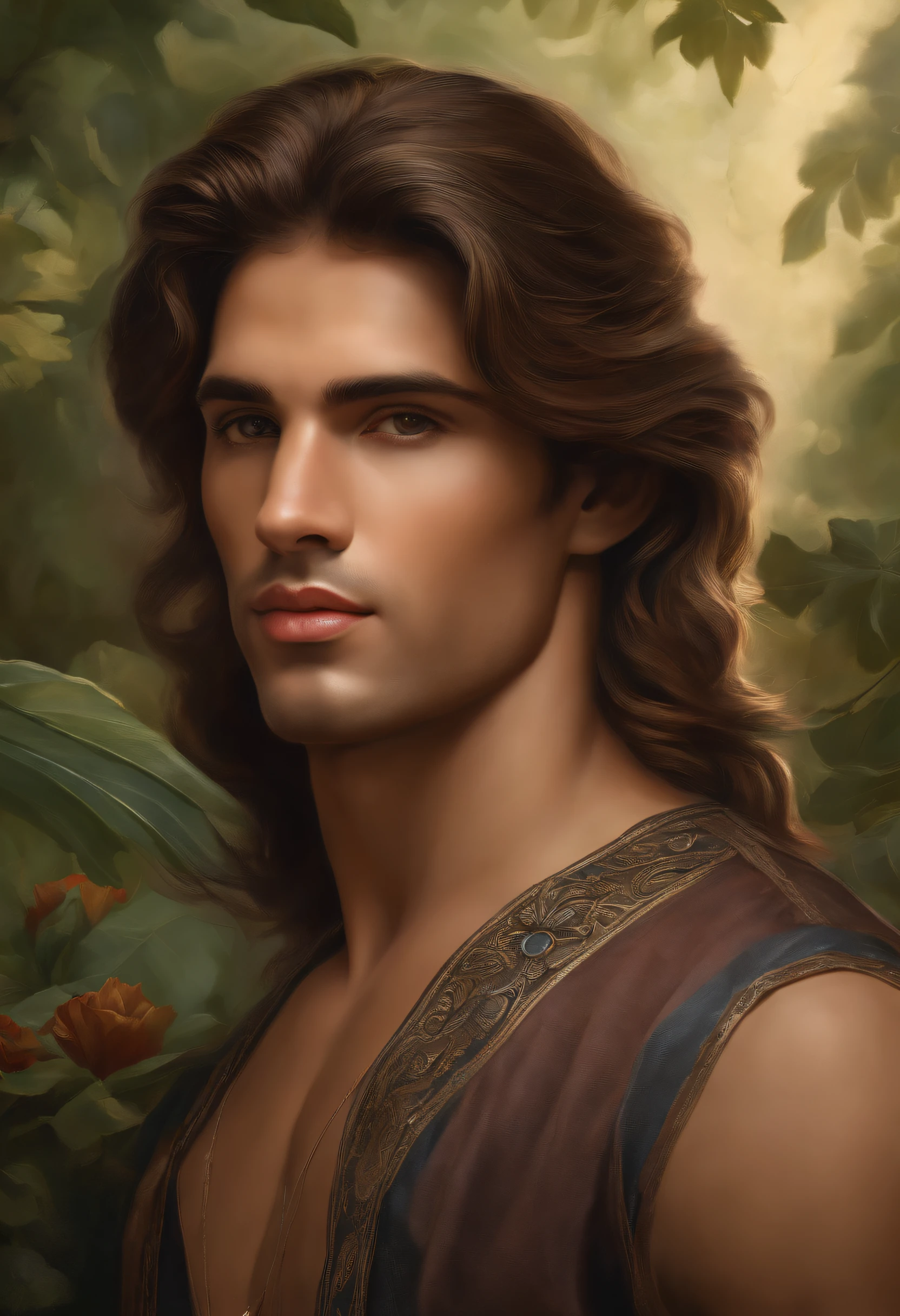 A man with a strong and confident presence stands tall at the center of the artwork. His facial expression exudes determination and intelligence. His captivating eyes, detailed and filled with depth, draw the viewer in with their intensity. The man's prominent nose adds to his distinguished appearance, emphasizing his strong features. His lips are beautifully sculpted, subtly hinting at a sense of mystery. The focus on his face and its intricate details adds a sense of realism to the portrait.

The artwork is created using a combination of traditional oil painting techniques and digital rendering, resulting in a visually striking medium. The rich textures of the brushstrokes and the meticulous attention to detail bring out the depth and complexity of the subject.

Surrounding the man, multiple elements add depth to the composition. In the background, a beautifully landscaped garden showcases lush greenery and vibrant flowers, creating a serene and captivating atmosphere. The artist's attention to detail is reflected in every blade of grass and petal, as well as the play of light and shadow across the scene.

The overall image quality of the artwork is of the highest standard, with a focus on achieving a realistic and photorealistic representation. The use of high-resolution techniques, such as 4K or 8K, ensures that every aspect of the artwork is presented with impeccable clarity and sharpness.

The color palette of the artwork is carefully selected to enhance the overall mood and atmosphere. Soft, natural tones are used to create a harmonious and balanced composition, while vibrant pops of color in the flowers and foliage add visual interest and a touch of liveliness.

The lighting in the artwork is meticulously crafted to illuminate the subject and highlight its features. The use of studio lighting techniques ensures that the man's face is expertly lit, with the interplay of light and shadow accentuating his strong contours and creating a sense of depth.

Overall,