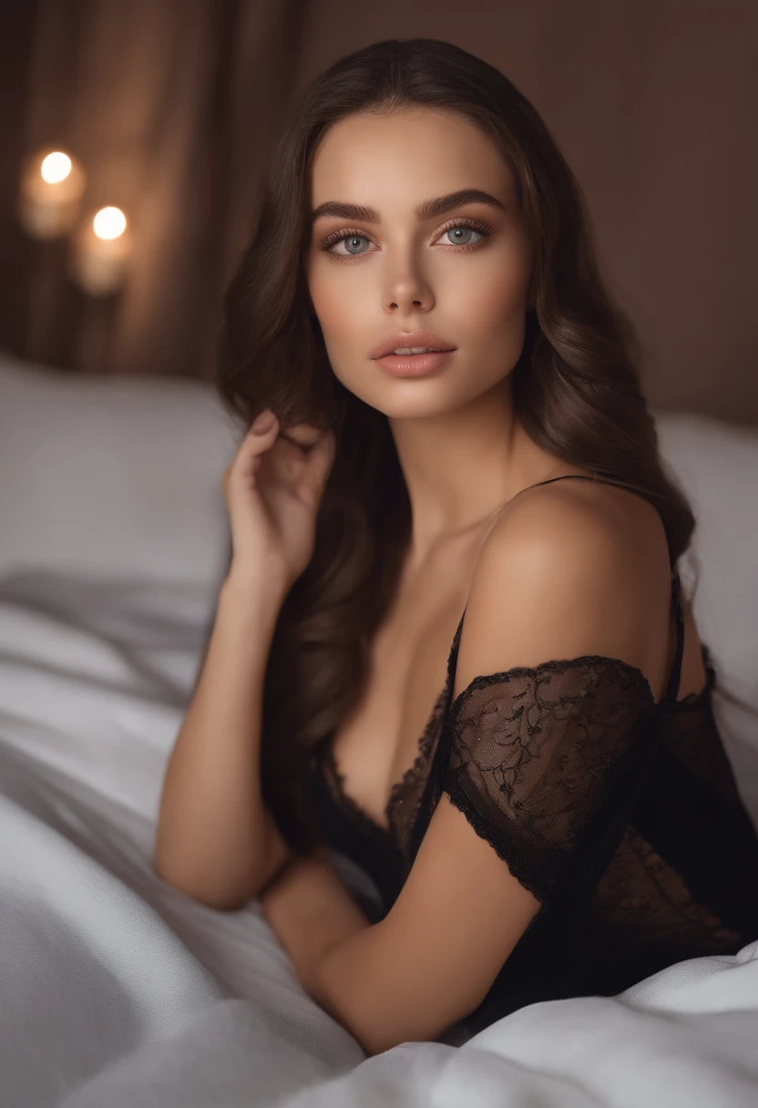 face of lana rhoades, sexy girl with brown eyes, ultra realistic, meticulously detailed, portrait sophie mudd, brown hair and large eyes, selfie of a young woman, dubai eyes, violet myers, without makeup, natural makeup, looking directly at the camera, face with artgram, subtle makeup, stunning full body shot kneeling on bed, in bedroom, medium to large size bust