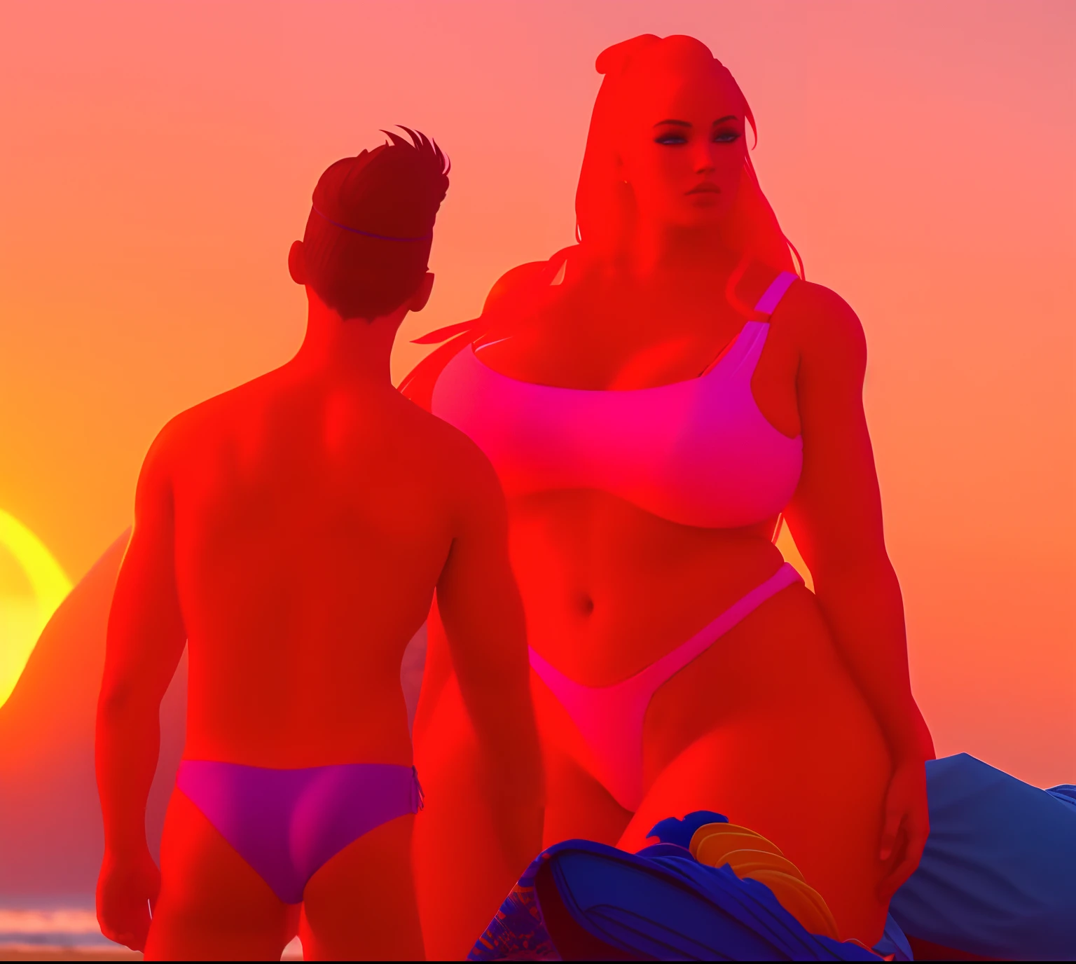 there is a woman in a bikini standing next to a man, at the beach, at beach at sunset, heavy looking, at the beach on a sunset, beach pic, at a beach, on a beach, thicc, standing near the beach, on the beach, on the beach at sunset, second life avatar, beaching, redpink sunset,