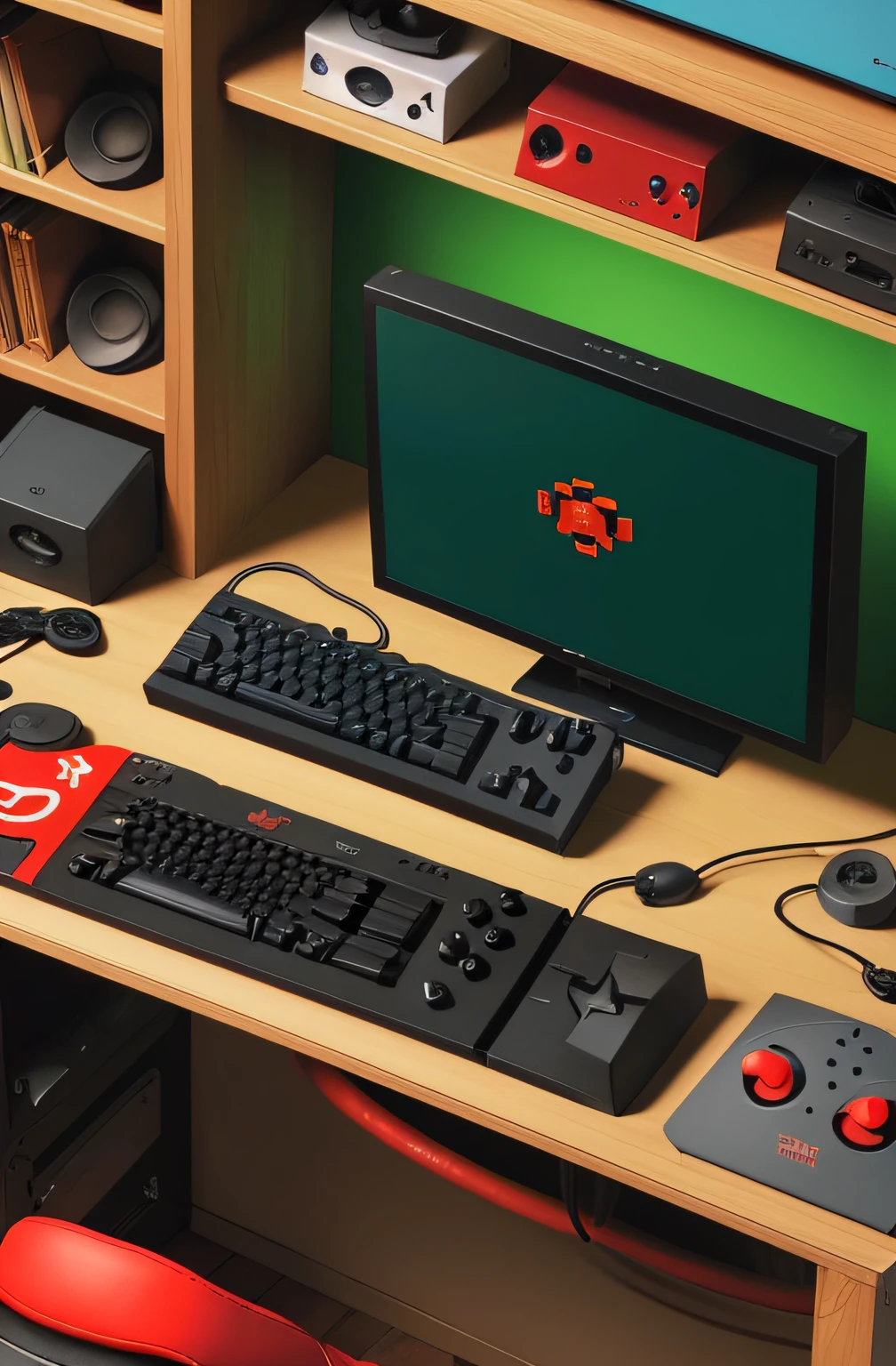 Craft a retro gaming-inspired t-shirt illustration with a joystick at the center and a gaming cabinet on the right. On the left, include a mouse and keyboard. Surround the joystick with a red headset to enhance the gaming atmosphere.