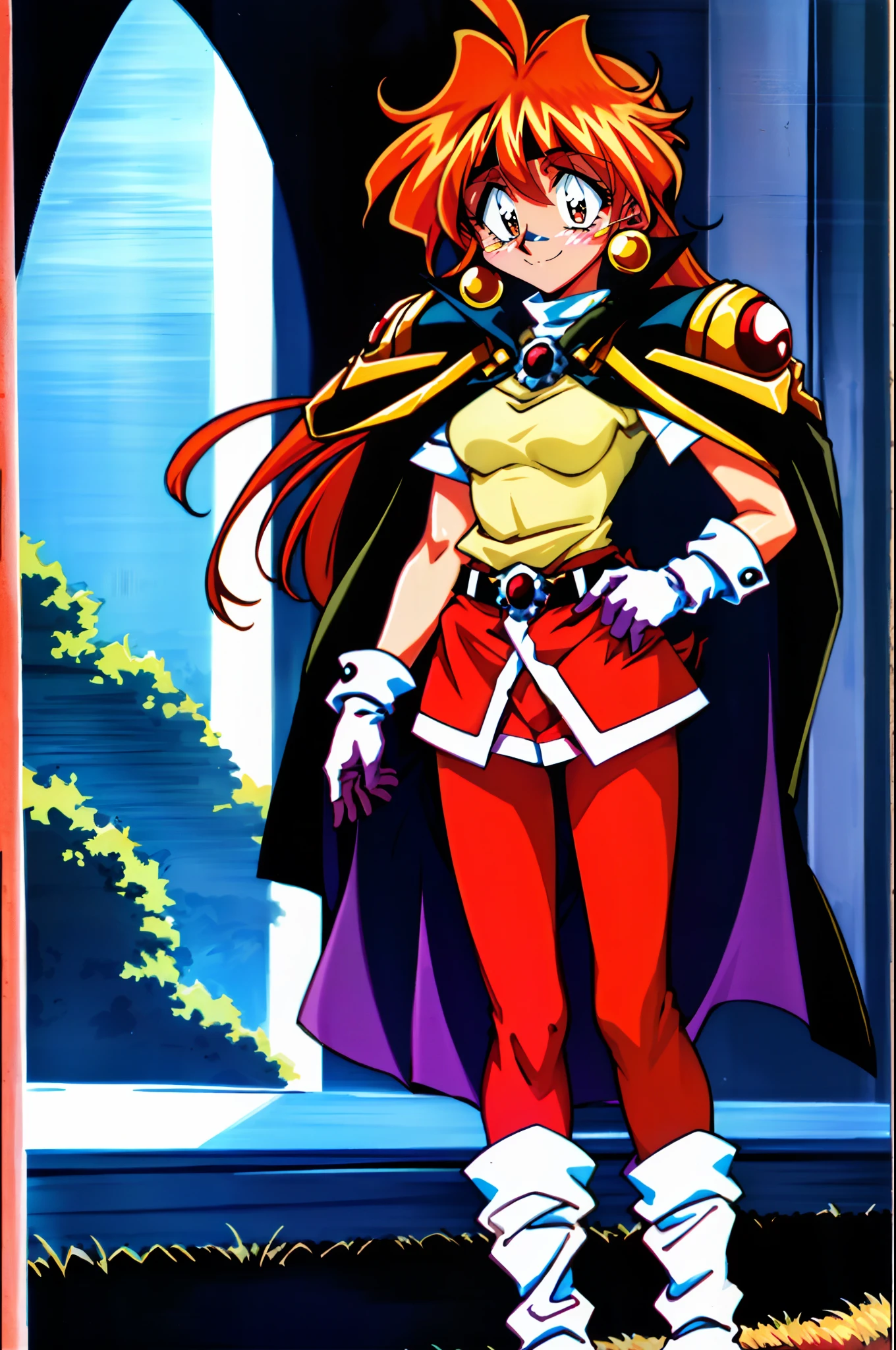 masterpiece, best quality, ultra-detailed, illustration, 1girl, 1990s \(style\), belt, boots, cape, earrings, gloves, headband, jewelry, lina inverse, long hair, pantyhose, red eyes, red hair, orange hair, retro artstyle, solo, traditional media,smiling,smile, standing, refsheet