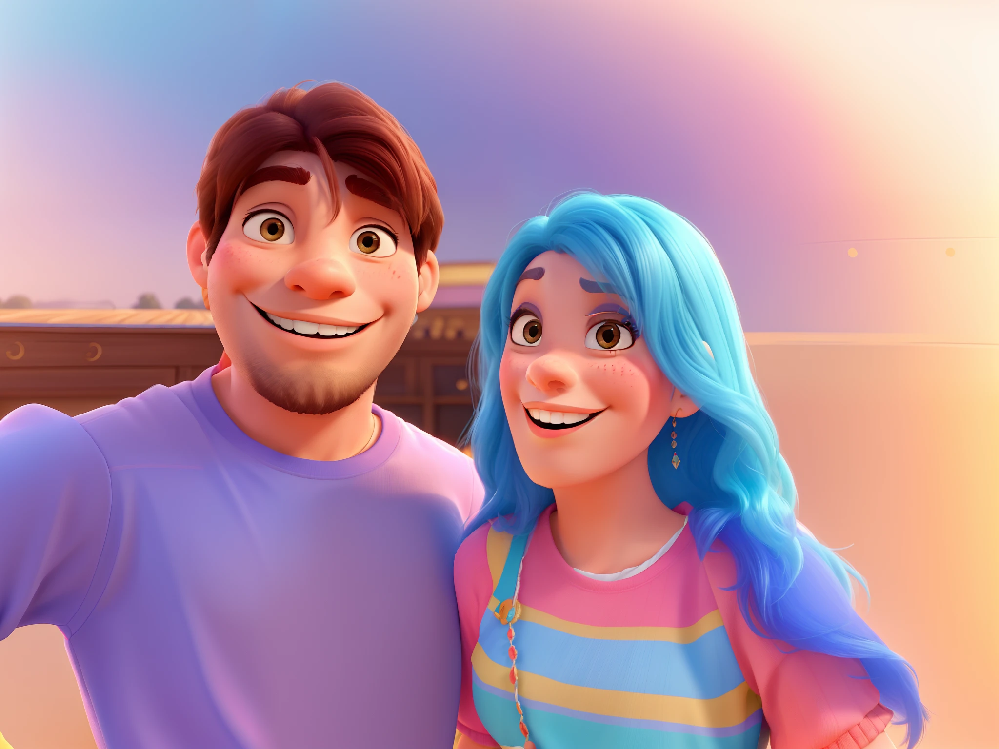 (a couple, man and woman, smiling:1.4, Disney Pixar style, highest quality, best quality), vibrant color tones, soft lighting, detailed facial expressions, playful atmosphere, joyful interaction, love and happiness, lively background, dynamic composition, beautifully textured clothing, lively and expressive gestures