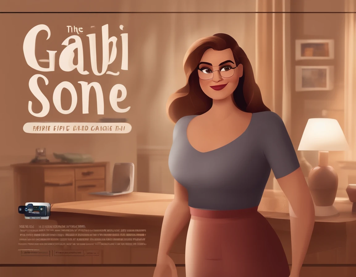 uma mulher estilo pixar/disney, alta qualidade, de frente para o telespectador, Authentic, alegre, curiosa, cabelos ondulados castanhos, olhos grandes e castanhos, Instagram Icons, whatsapp, Facebook and chat bubbles in the background, movie title "Gabi, the authentic one"