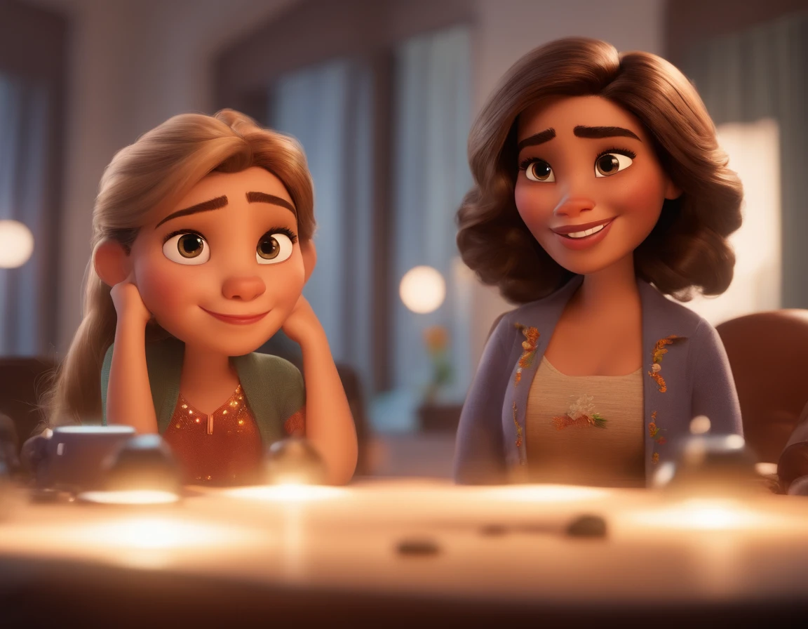 uma mulher estilo pixar/disney, alta qualidade, de frente para o telespectador, Authentic, alegre, curiosa, cabelos ondulados castanhos, olhos grandes e castanhos, Instagram Icons, whatsapp, Facebook and chat bubbles in the background, movie title "Gabi, the authentic one"
