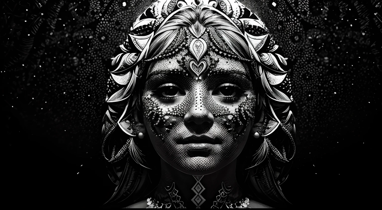 human body, Fractal, spiritual, psychedelic, LSD, highly detailed, hi contrast, black & white, symmetry