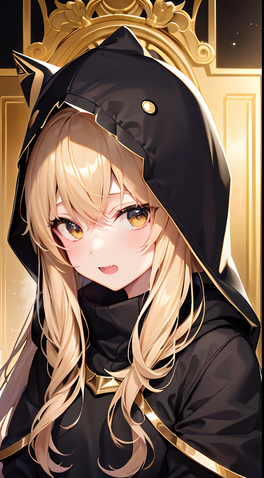 hight resolution、hightquality、ultra-detailliert、8k wallpaper、1人の女性、Beautiful fece、adult-like、a blond、Wearing a shark hood、Teeth are shark fangs、Kamimei、Melancholy is in the air、Lovers feeling、Little devil feeling、Be loved、Familiarity、Gold and black dress、Gold and black background、opulent、Overall more gold and black、Sophisticated