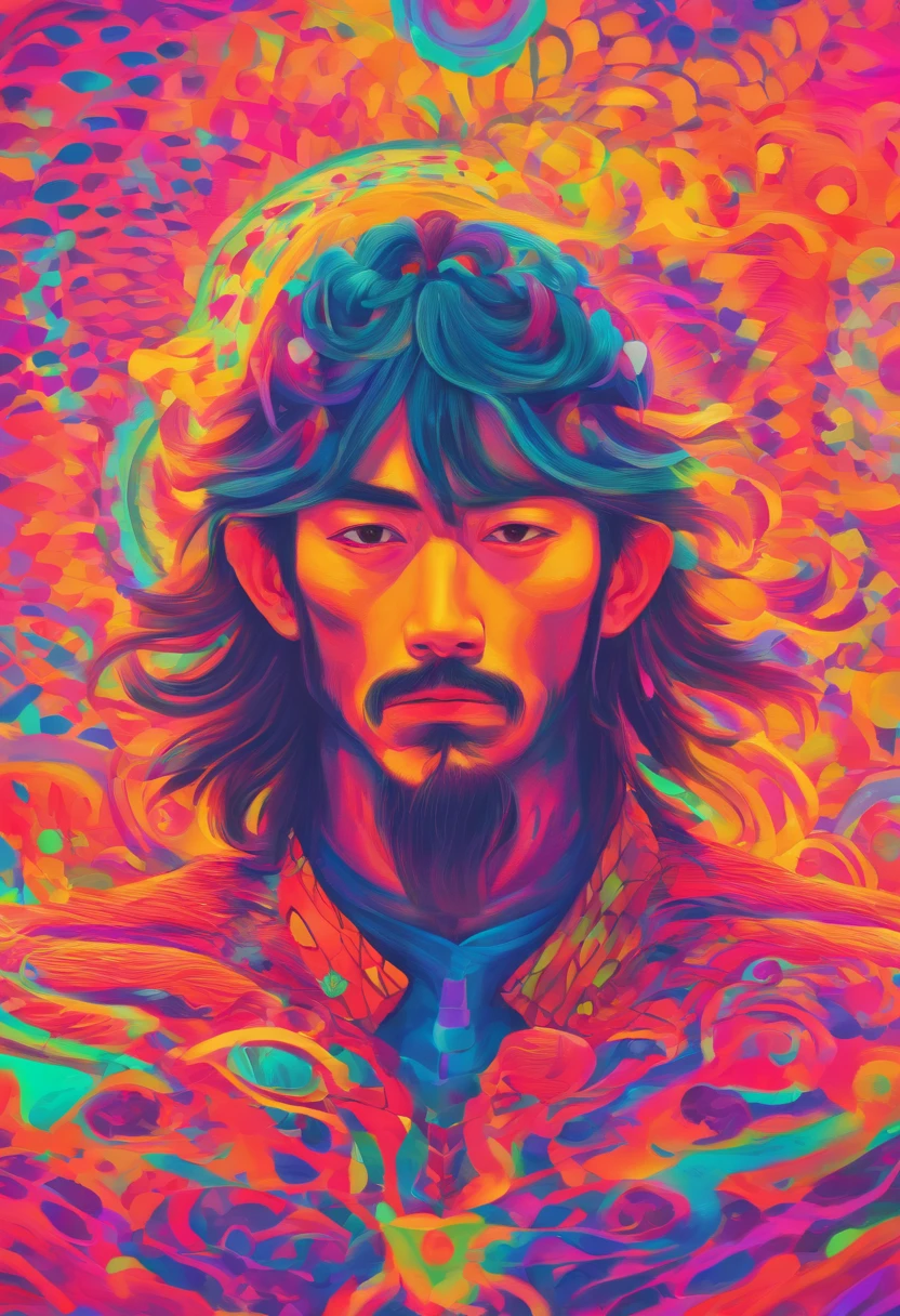 Japan man with long hair , transgressive art, Sharp Focus, 8 K, Octane Render , Saturated colors, Pastel colors