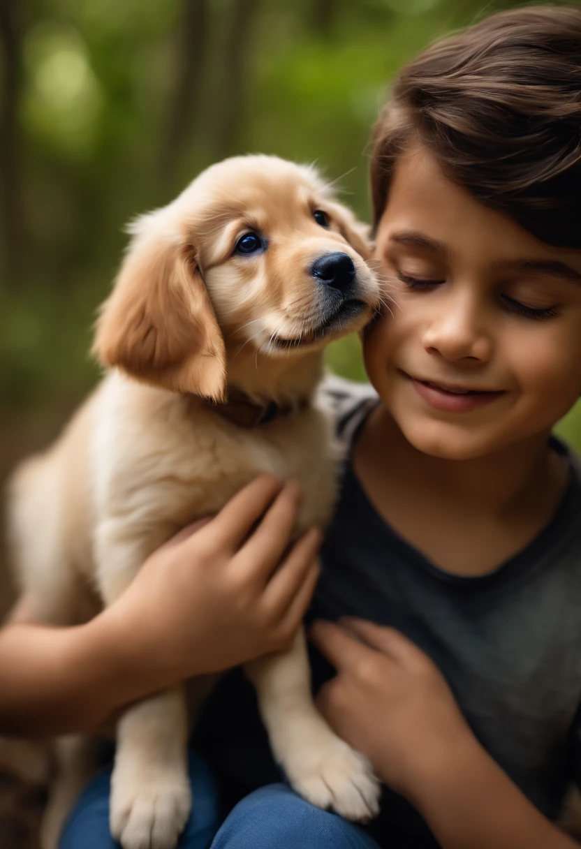 Um lindo de 3 anos, de olhos e cabelos escuros holding a Golden Retriever puppy, em uma floresta, imagem ultrarealista, realista, 8k
