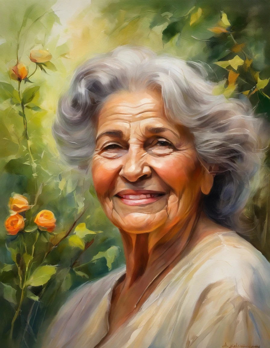 hair flowing in the wind, bright sunlight, vibrant colors, peaceful atmosphere, detailed facial expression, wrinkled skin, flowing water, lush greenery, textured brushstrokes, serene background, warm and inviting. (best quality, highres), (thick brushstrokes), (guitar:1.1), (river:1.1), (mountain:1.1), (roses:1.1), (florescent colors), (peaceful ambiance), (bright sunlight), (flowing water), (aged woman), (detailed facial expression), (wrinkled skin), (lush greenery), (serene background), (warm and inviting)