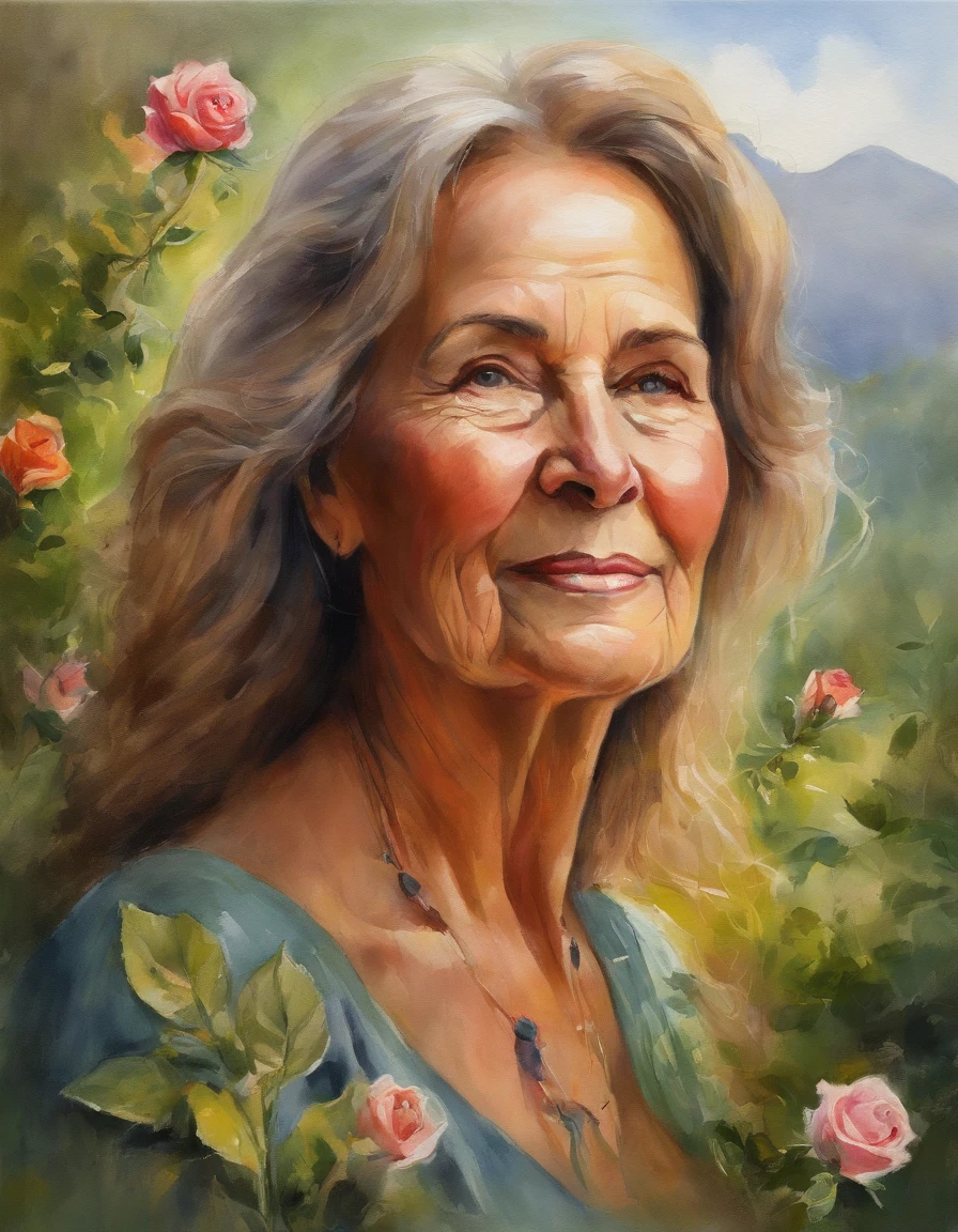 hair flowing in the wind, bright sunlight, vibrant colors, peaceful atmosphere, detailed facial expression, wrinkled skin, flowing water, lush greenery, textured brushstrokes, serene background, warm and inviting. (best quality, highres), (thick brushstrokes), (guitar:1.1), (river:1.1), (mountain:1.1), (roses:1.1), (florescent colors), (peaceful ambiance), (bright sunlight), (flowing water), (aged woman), (detailed facial expression), (wrinkled skin), (lush greenery), (serene background), (warm and inviting)