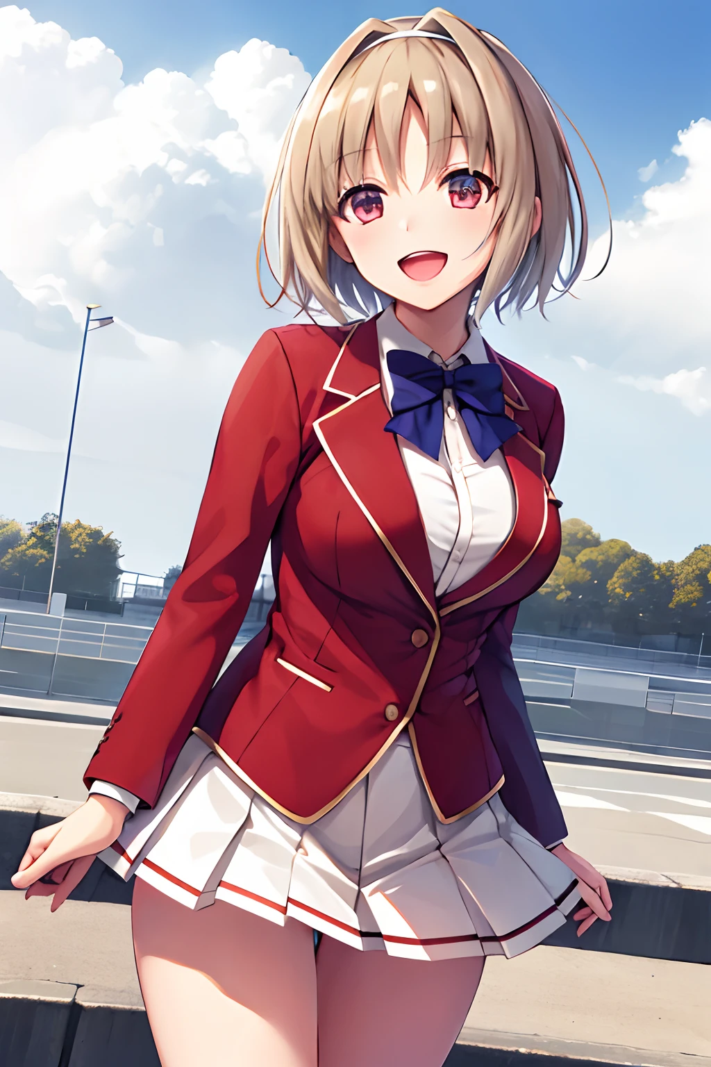 masterpiece, best quality, highres, aakikyo, short hair, hair intakes, white hairband, blue bowtie, collared shirt, blazer, red jacket, long sleeves, white skirt, pleated skirt, black socks, cowboy shot, standing, outdoors, straight-on, arms at sides, smile, open mouth,