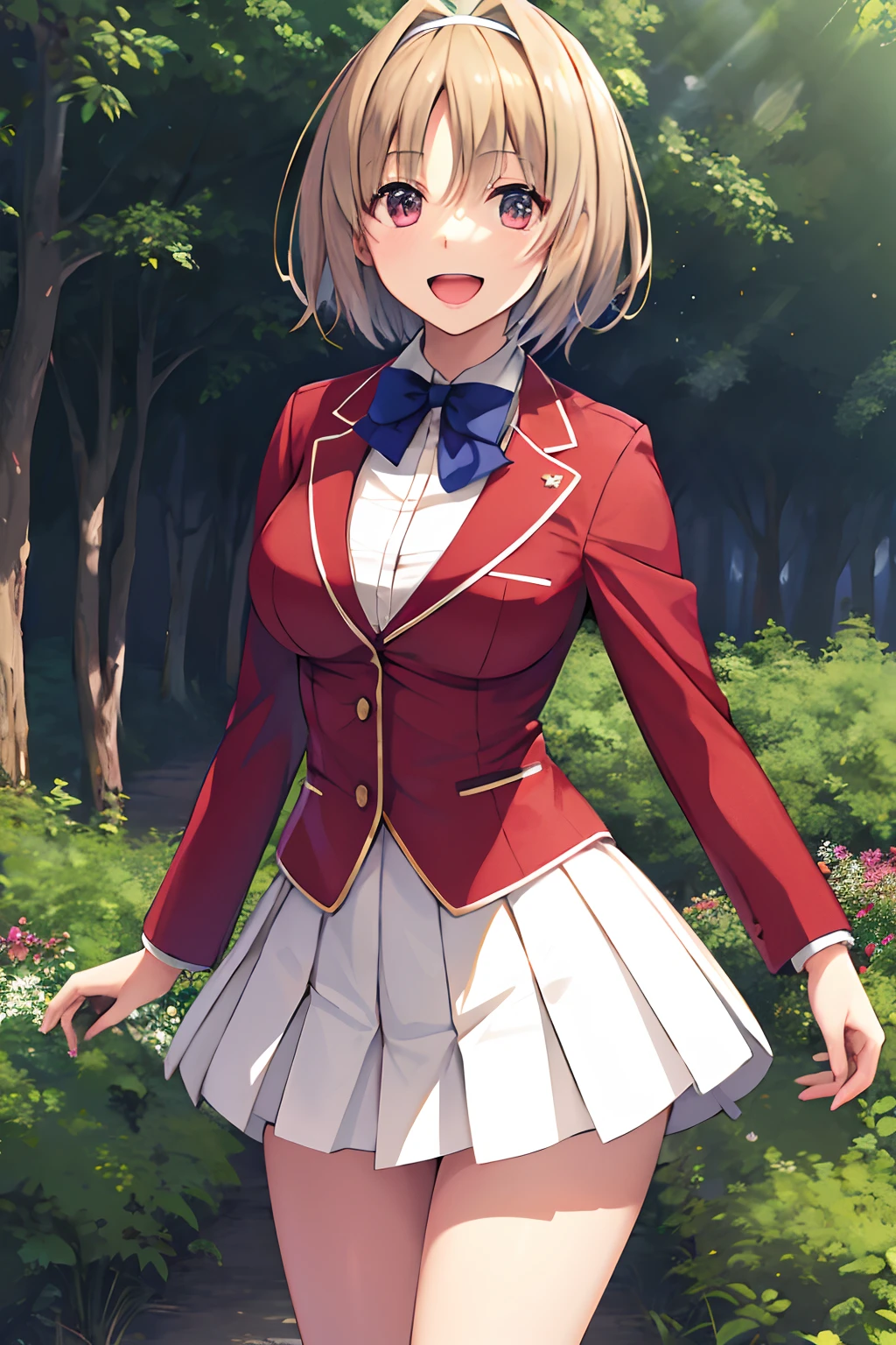 masterpiece, best quality, highres, aakikyo, short hair, hair intakes, white hairband, blue bowtie, collared shirt, blazer, red jacket, long sleeves, white skirt, pleated skirt, black socks, cowboy shot, standing, outdoors, straight-on, arms at sides, smile, open mouth,