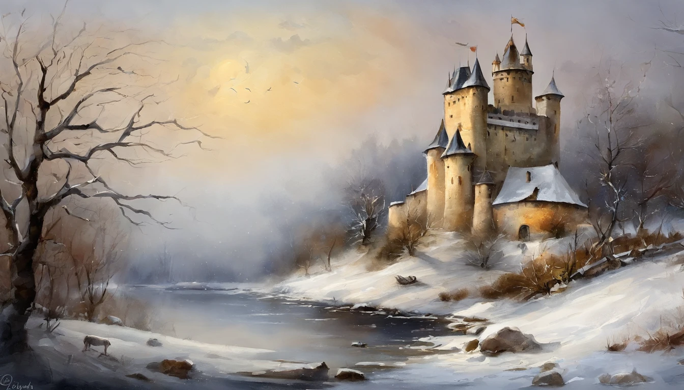 estilo de lavagem de tinta,Castelo de estilo europeu,batalha.,Chama de Guerra,dia de inverno、rochas、(illustratio:1.0)、Epic composition、realistic lighting、high-definition detail、tmasterpiece、best quality,(Papel de parede CG 8k unificado muito detalhado)