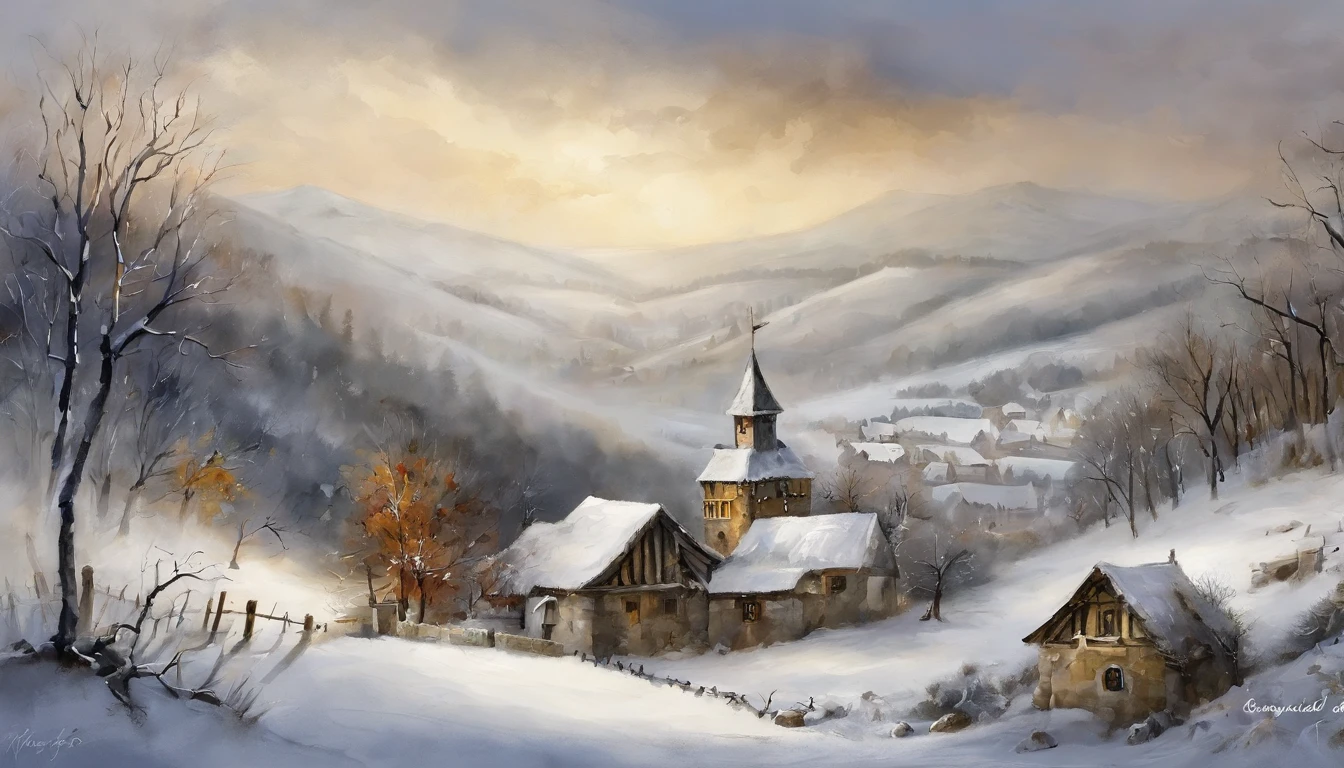 estilo de lavagem de tinta，Castelo de estilo europeu，batalha.，Chama de Guerra，dia de inverno、rochas、（illustratio：1.0）、Epic composition、realistic lighting、high-definition detail、tmasterpiece、best quality，（Papel de parede CG 8k unificado muito detalhado）