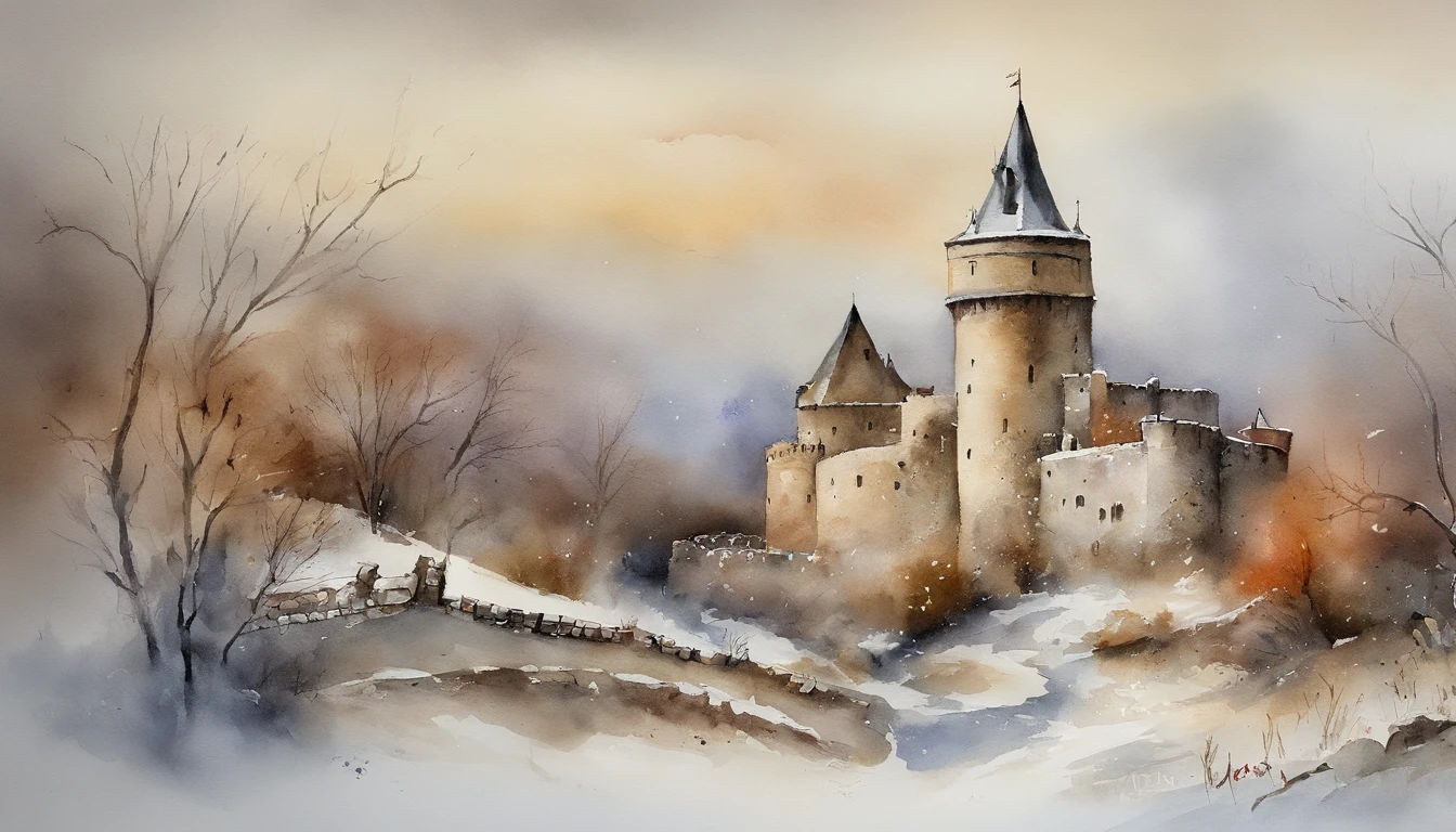 estilo de lavagem de tinta，Castelo de estilo europeu，batalha.，Chama de Guerra，dia de inverno、rochas、（illustratio：1.0）、Epic composition、realistic lighting、high-definition detail、tmasterpiece、best quality，（Papel de parede CG 8k unificado muito detalhado）