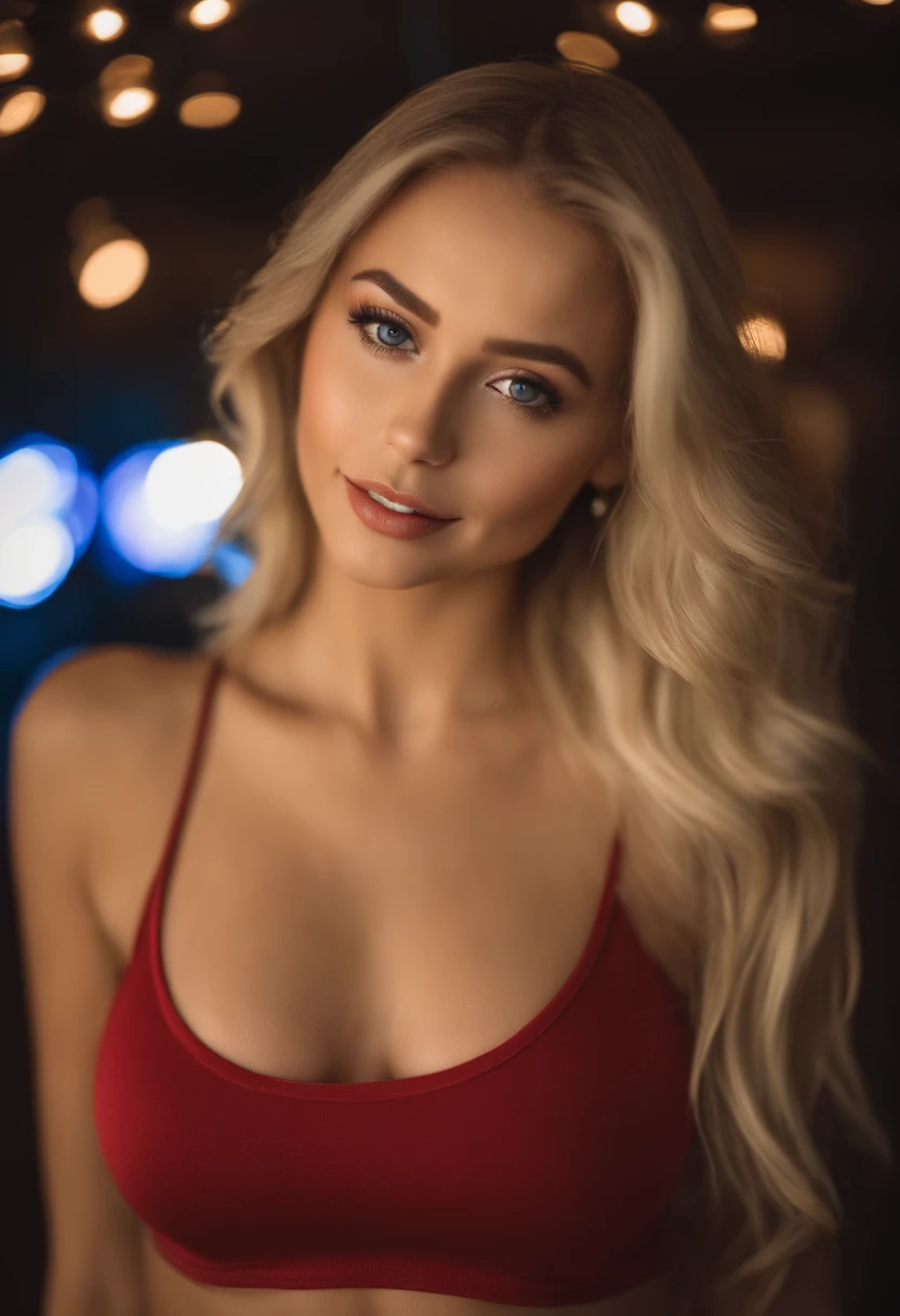 Blonde woman posing in disco with matching tank top and skirt, Sexy girl with blue eyes, portrait sophie mudd, blur backgroun, Best quality, 1girll, Portrait of Corinna Kopf, blonde hair and large eyes, selfie of a young woman, Orn makeup, natural makeup, Look directly into the camera, face with artgram, Decentus makeup, Great full body photo, Being in the room, Large of breast, Blonde, latina