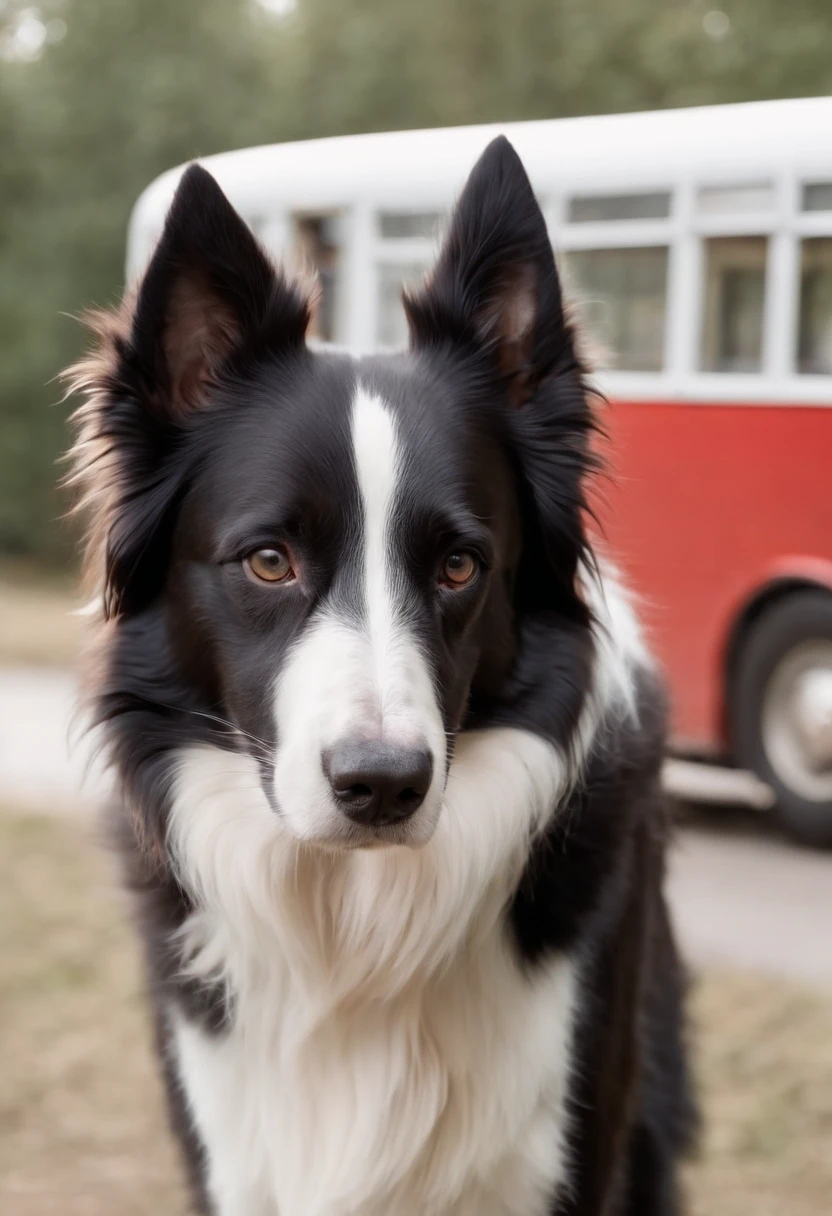 Border Collie dog with a long coat standing next to a bus, a poster by Almada Negreiros, tumblr, art deco, a propaganda, andrea rocha, showcase, awww, show, nigredo, guerilla heroico, exhibition, amaro, hero, dog, poster, a dog, youtube thumbnail, awe-inspiring, awe - inspiring