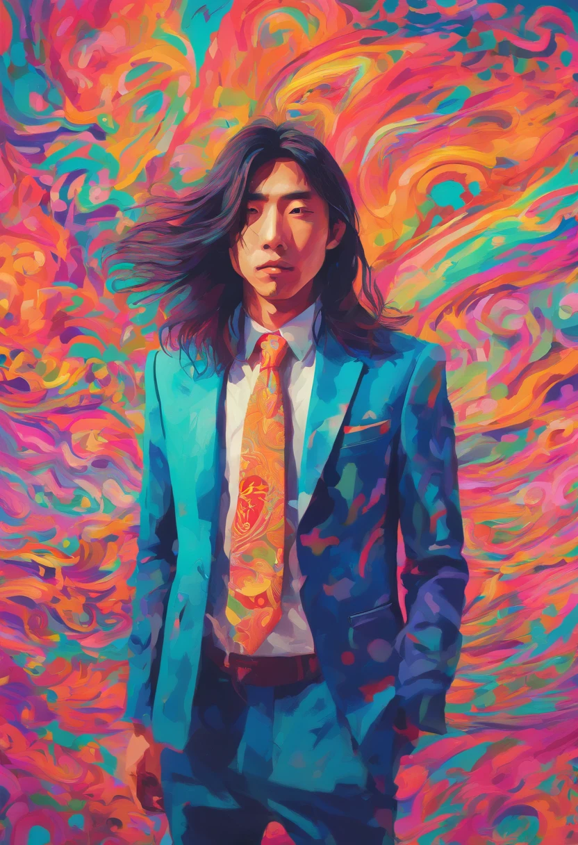(long-haired young Japanese man wearing a suit, clean-shaven, artistic portrait, vibrant colors, sharp focus on details, 8K resolution, portrait photography style, creative background, pastel color palette, soft lighting)
