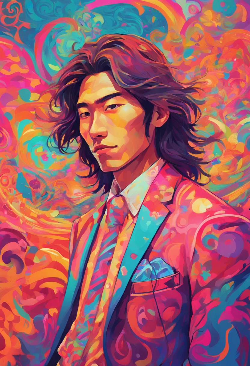 (long-haired young Japanese man wearing a suit, clean-shaven, artistic portrait, vibrant colors, sharp focus on details, 8K resolution, portrait photography style, creative background, pastel color palette, soft lighting)