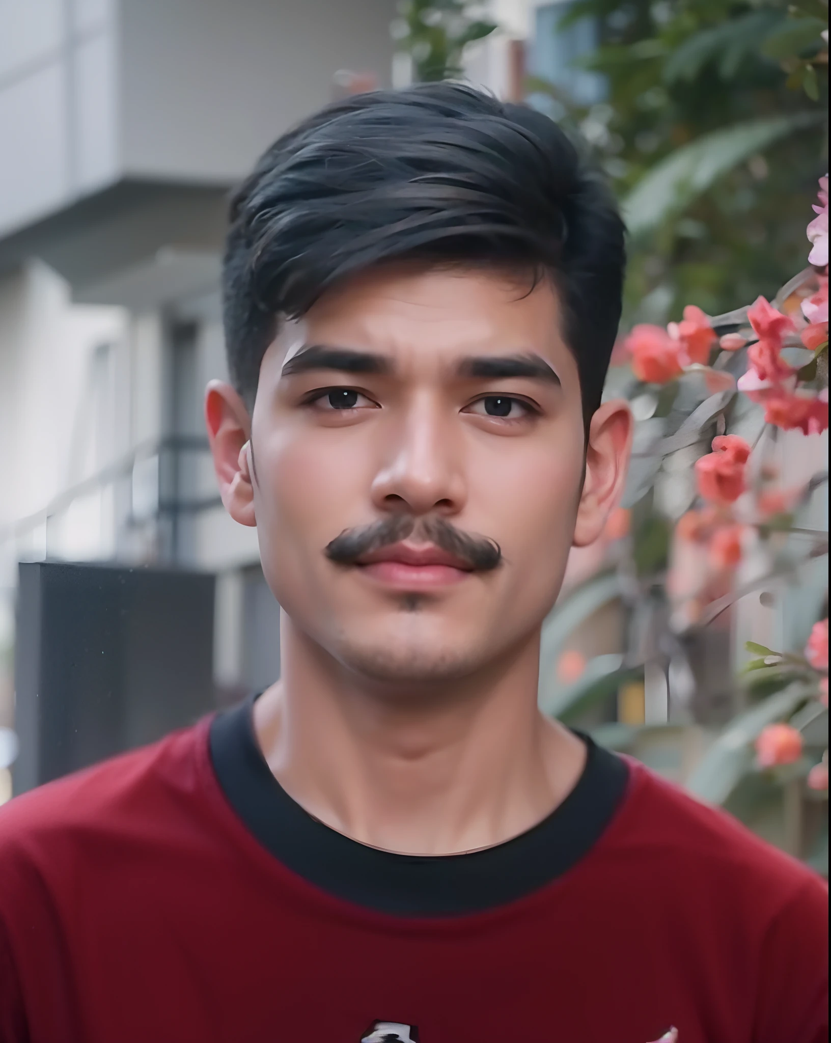 A boy with mustache and big nose wearing red t-shirt