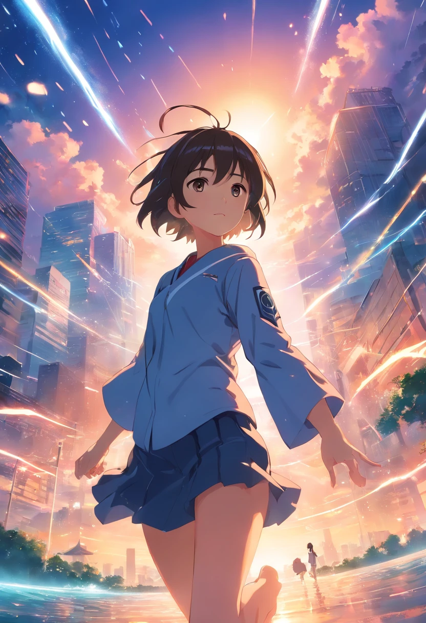 obra-prima, melhor qualidade, filme ainda, 1girl, garota nuvem, floating into the sky, close-up, brilhante, feliz, Soft lighting and Warm, sun sunset, (Sparks: 0,7), Raiden Shogun (Genshin impact), olhando para o espectador com a lingua de fora a sorrir,