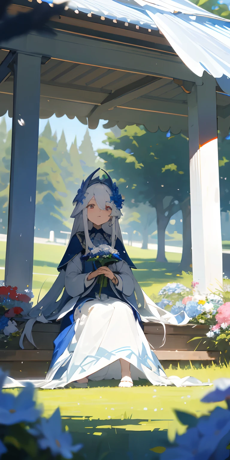 （tmasterpiece，best qualtiy），A long, white-haired girl sits under a pavilion on the grass beside the blue lake，She held flowers in both hands，warmly lit，Noble dresses，Blurred foreground