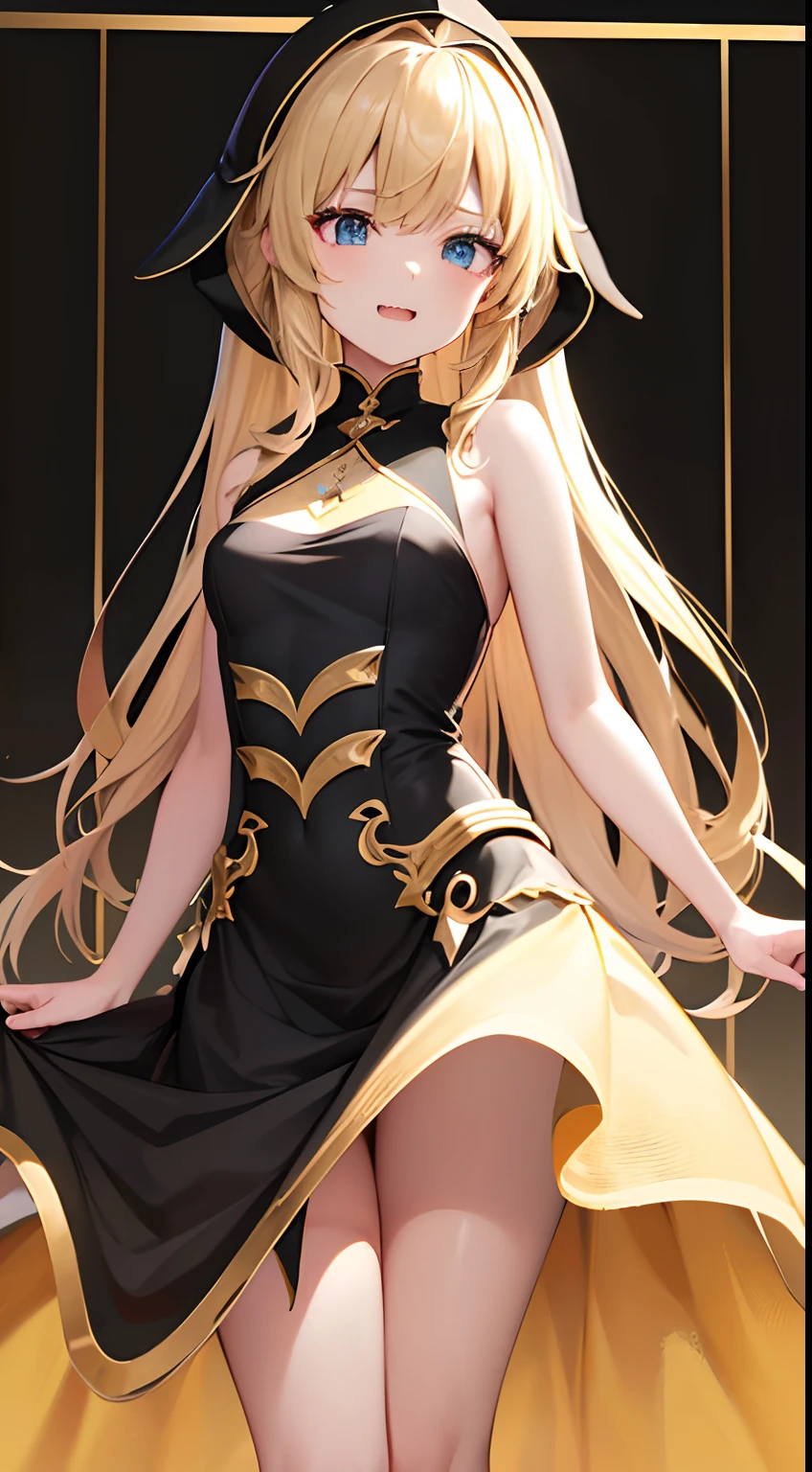 hight resolution、hightquality、ultra-detailliert、8k wallpaper、1人の女性、Beautiful fece、adult-like、a blond、Wearing a shark hood、Teeth are shark fangs、Kamimei、Melancholy is in the air、Lovers feeling、Little devil feeling、Be loved、Familiarity、Gold and black dress、Gold and black background、opulent、Overall more gold and black、Autumn background