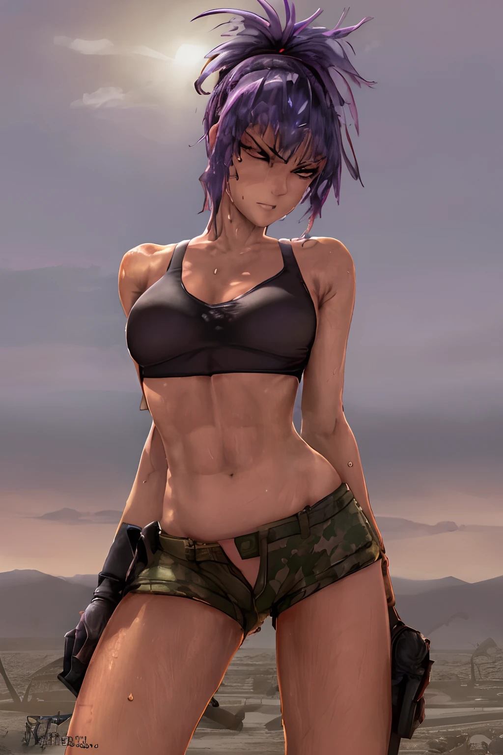 bra and panty, serious, dominant, seductive, sexy, military, desert. Cammo, Tactical. Armor, Sun, sunny, hot, Sargent, sleeveless, perfect hands, wet, wetting, summer, water, hot colors, colorized, open mini short, sexy pose, perfect arms.
