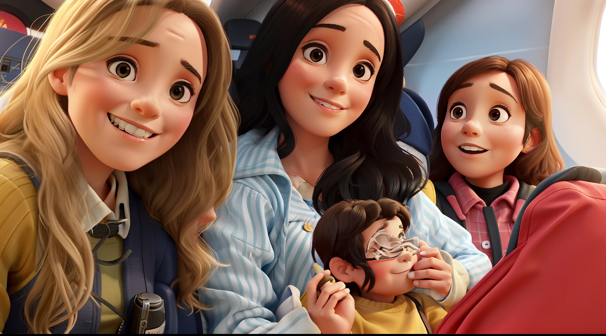 Two 40-year-old women and a 9--old an airplane with high quality