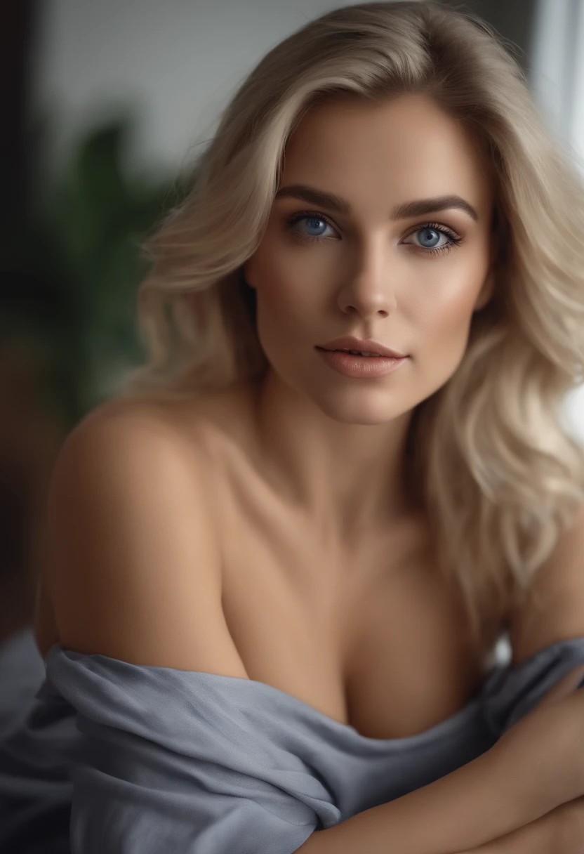 Arafed woman in full, Sexy girl with blue eyes, ultra-realistic, Meticulous detail, portrait Paula Jadeszko, blonde hair and large eyes, selfie of a young woman, bedroom eyes, violet myers, no makeup, natural makeup, looking straight at the camera, face with artgram, fine makeup, Stunning full-length shot, kneeling on the bed, in bedroom, Medium to large size bust, small waist to hip ratio