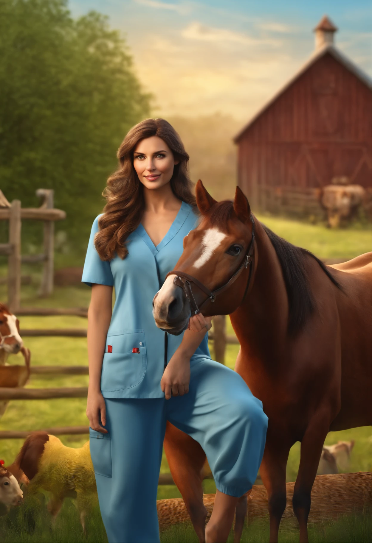 A woman, Veterinary Doctor, 30 years old, very beautiful, Brown long hair, green eyes, wearing blue surgical pajamas, a stethoscope hanging around her neck, next to a horse, on the farm, cows and chickens in the background, 8k uhd, 3D rendering, modern Disney Pixar style.
