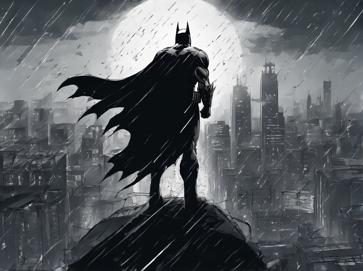 hyper-detailed, cinematic illustration of Batman standing on a rain-soaked Gotham City rooftop. He's poised in a stoic and mysterious stance, his iconic cape billowing dramatically in the wind. The mood should be a blend of noir and vigilance, reminiscent of Frank Miller's "The Dark Knight Returns." Pay close attention to intricate details in Batman's suit, emphasizing texture and realism. Use a high-contrast black and white color scheme with subtle hints of moody blue. Ensure the lighting captures the interplay of shadows and highlights, enhancing the atmosphere